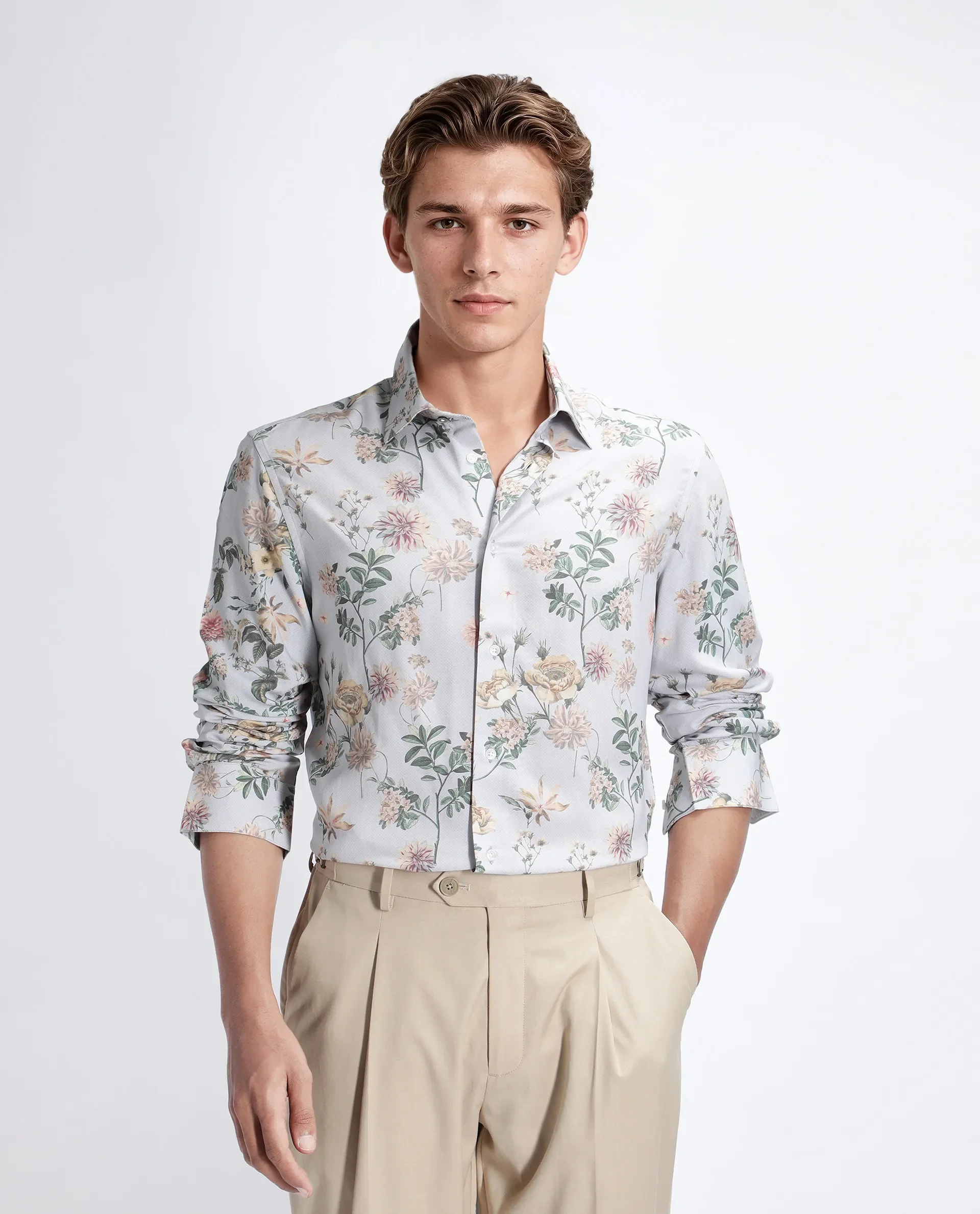 Rare Rabbit Men's Risa Light Grey Viscose Blend Floral Print Regular Fit Full Sleeve Collared Shirt - Image 8
