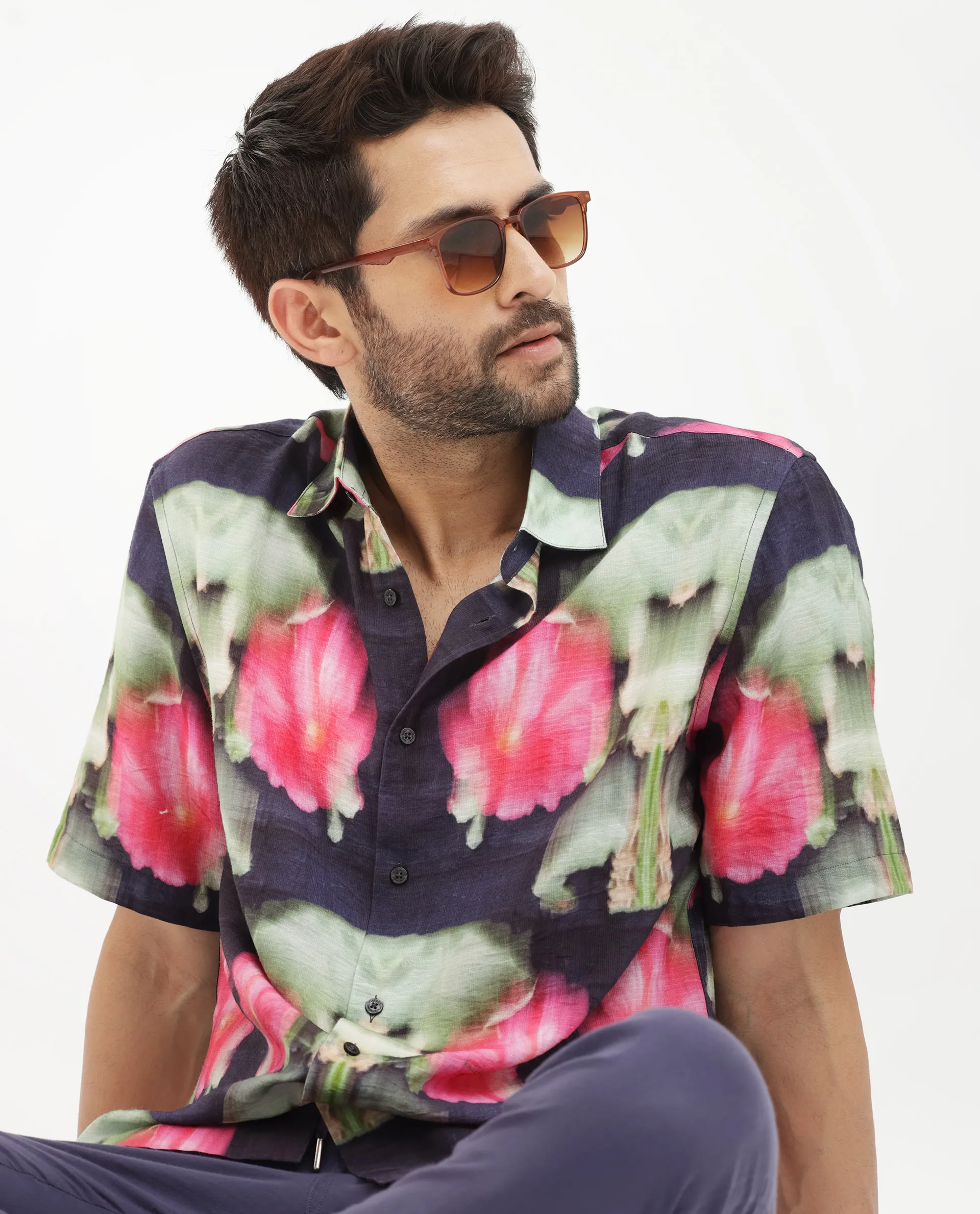 Rare Rabbit Men's Risca Purple Viscose Floral Print Boxy Fit Half Sleeve Collared Shirt - Image 3