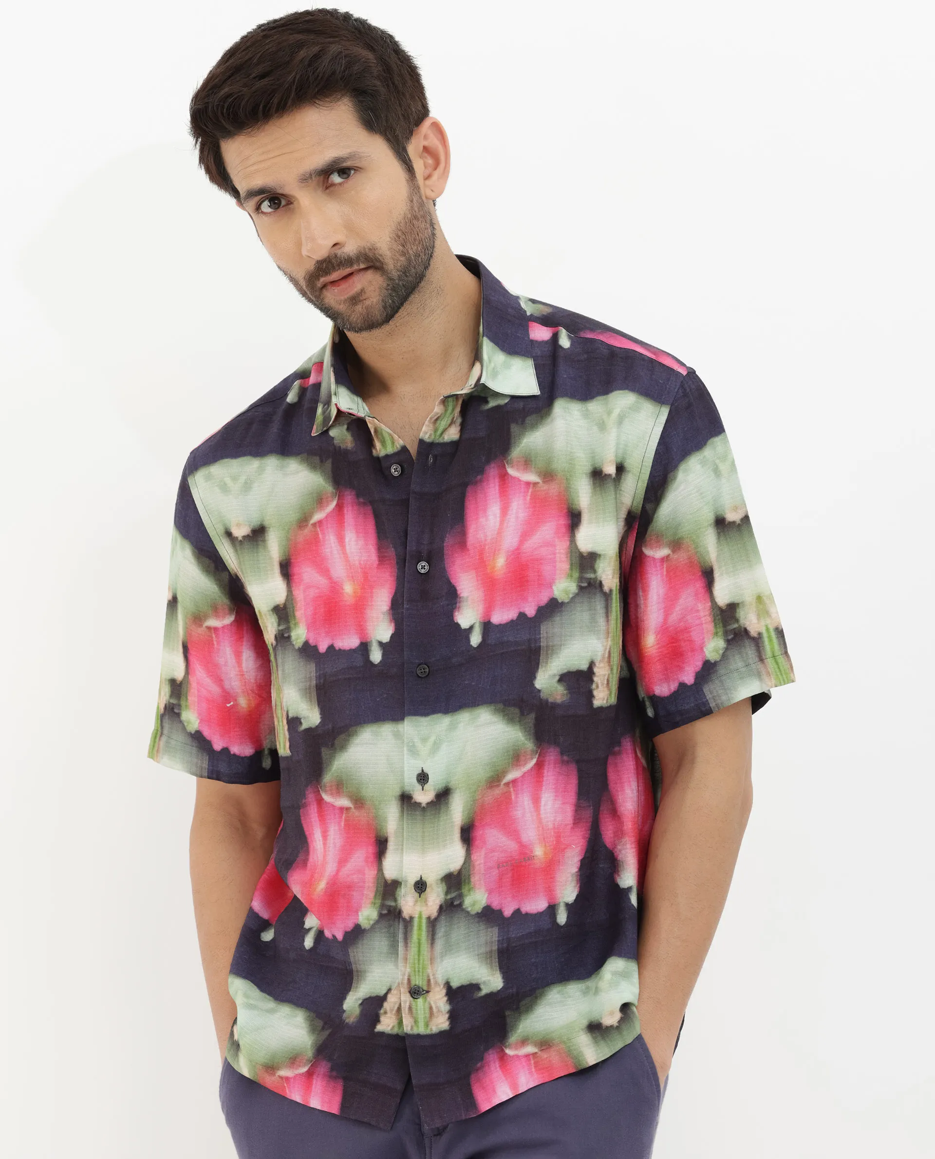 Rare Rabbit Men's Risca Purple Viscose Floral Print Boxy Fit Half Sleeve Collared Shirt - Image 6