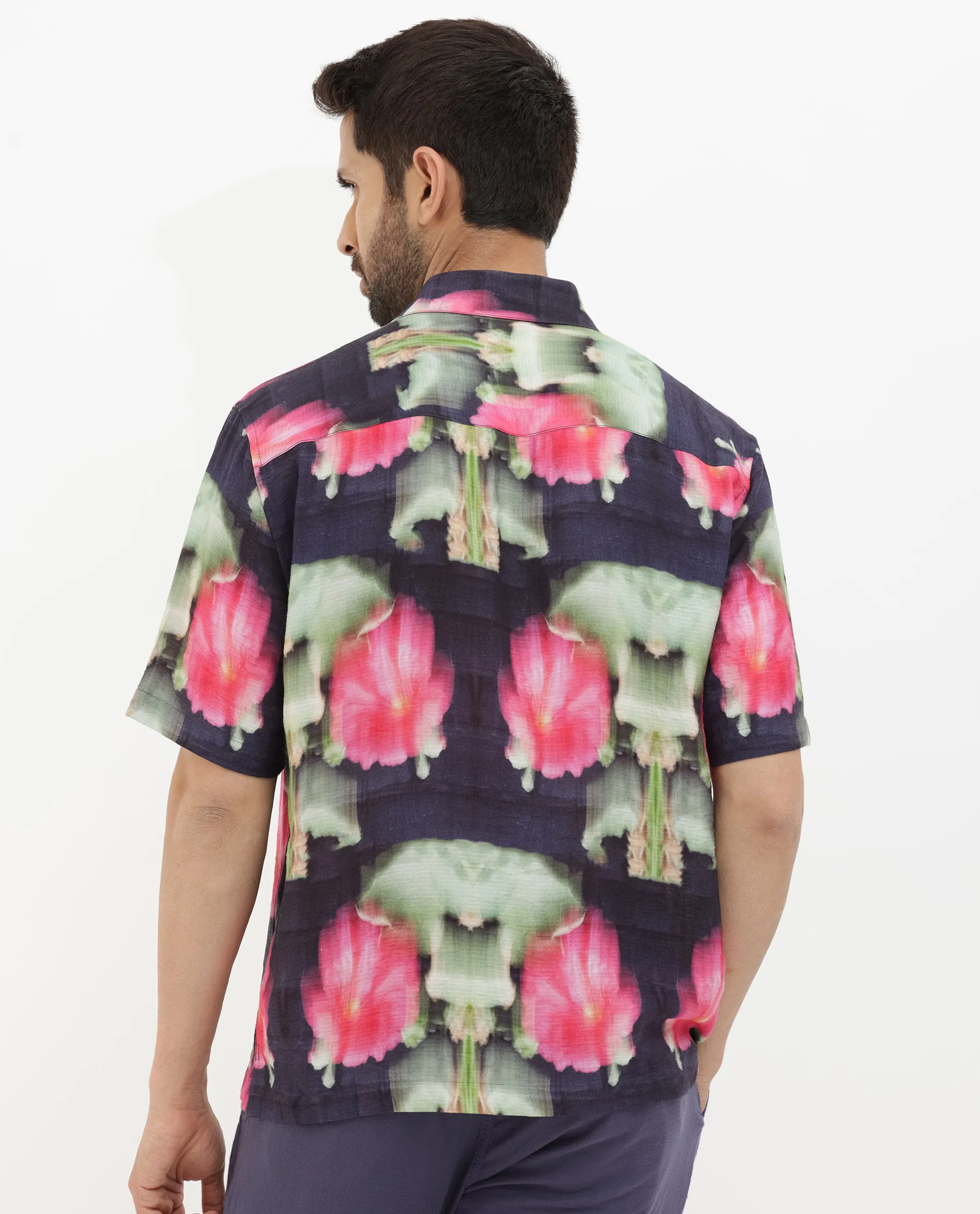 Rare Rabbit Men's Risca Purple Viscose Floral Print Boxy Fit Half Sleeve Collared Shirt - Image 7