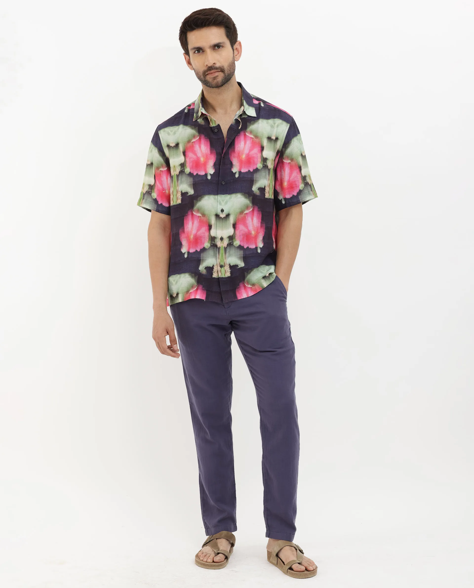 Rare Rabbit Men's Risca Purple Viscose Floral Print Boxy Fit Half Sleeve Collared Shirt - Image 8