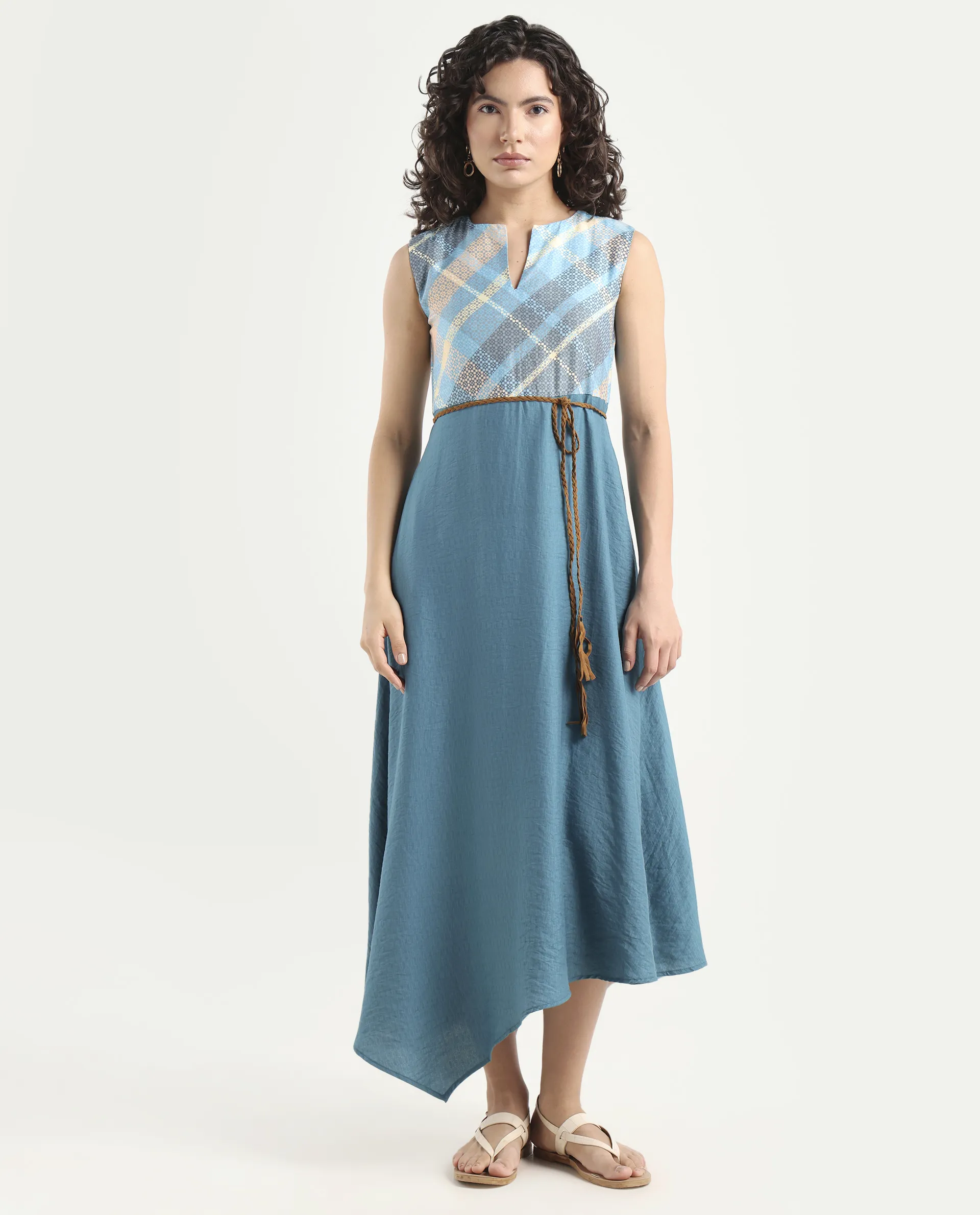 Rareism Women's Riskal Blue Cotton Round Neck Flannel Print Sleeveless Maxi Fit And Flare Dress - Image 2
