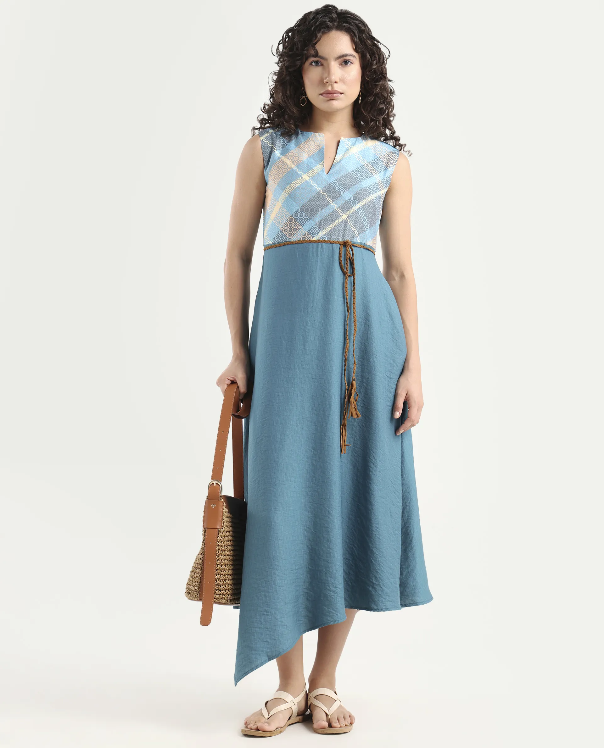 Rareism Women's Riskal Blue Cotton Round Neck Flannel Print Sleeveless Maxi Fit And Flare Dress - Image 3