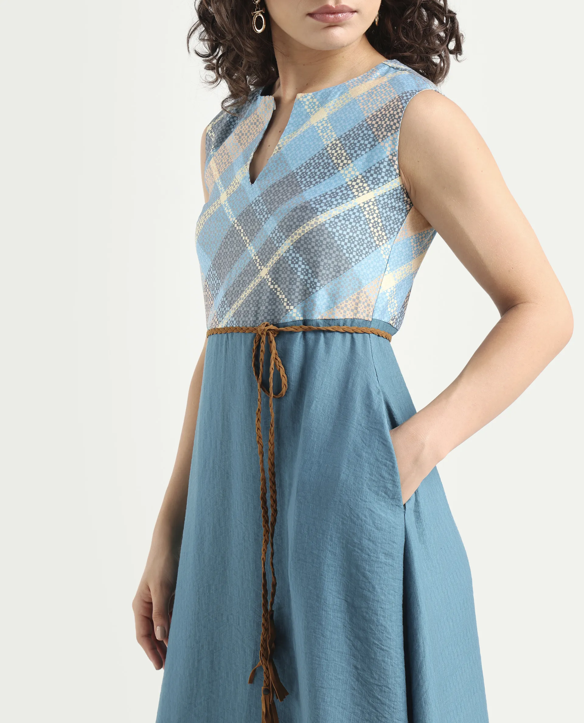 Rareism Women's Riskal Blue Cotton Round Neck Flannel Print Sleeveless Maxi Fit And Flare Dress - Image 4