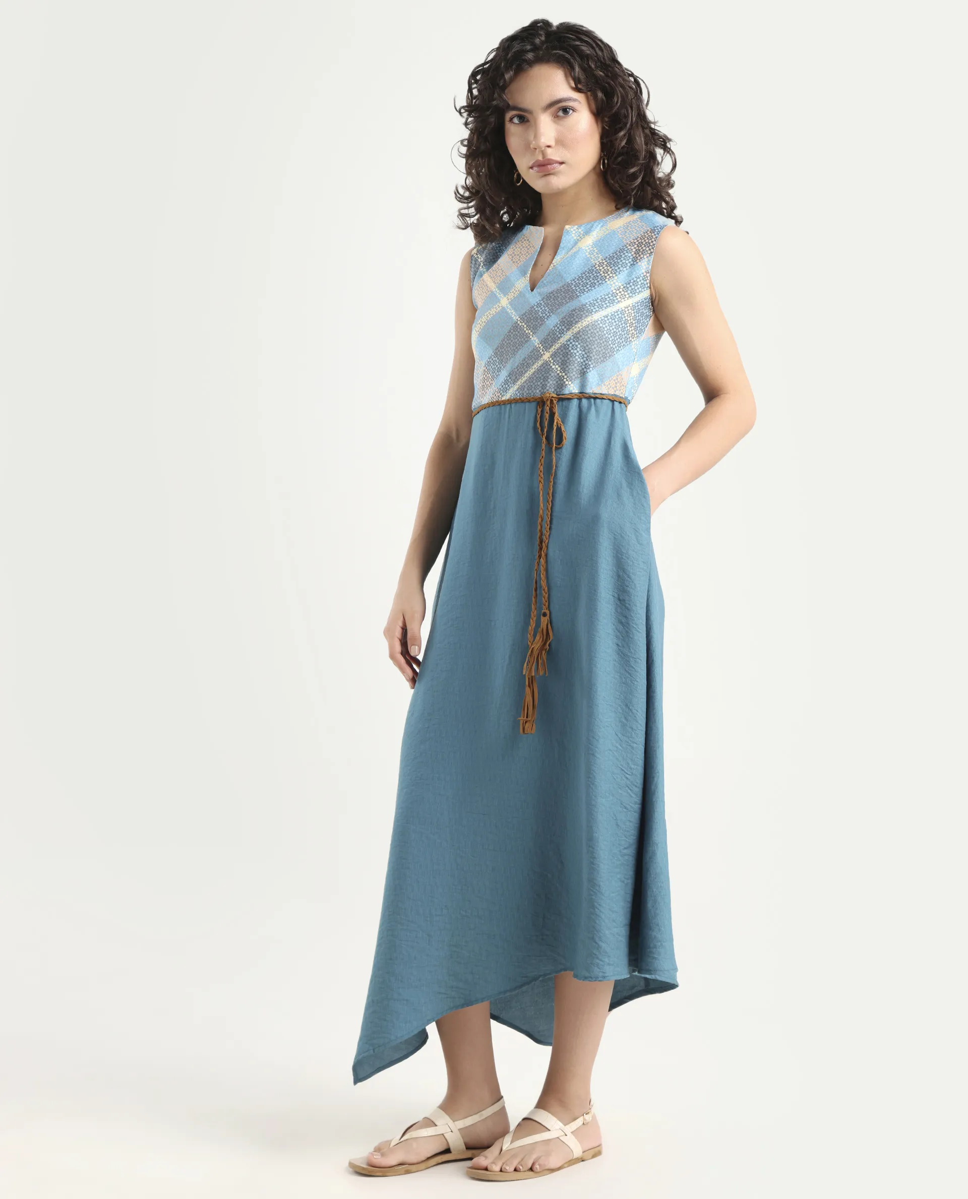 Rareism Women's Riskal Blue Cotton Round Neck Flannel Print Sleeveless Maxi Fit And Flare Dress - Image 5