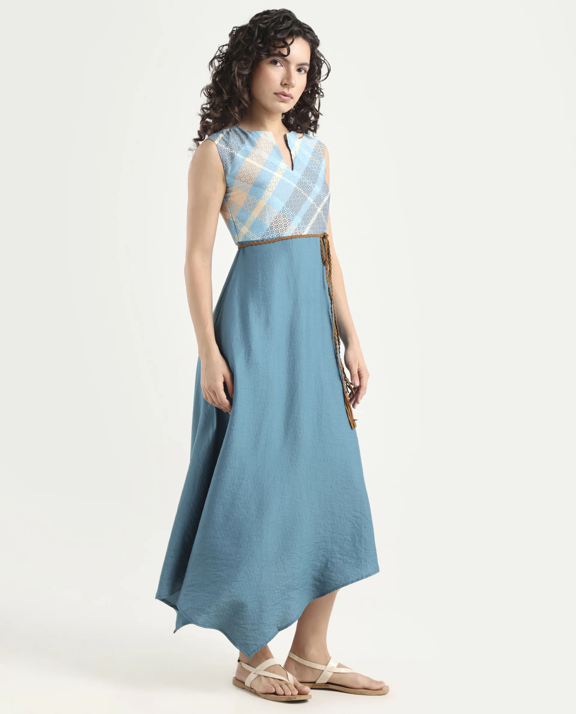 Rareism Women's Riskal Blue Cotton Round Neck Flannel Print Sleeveless Maxi Fit And Flare Dress - Image 6