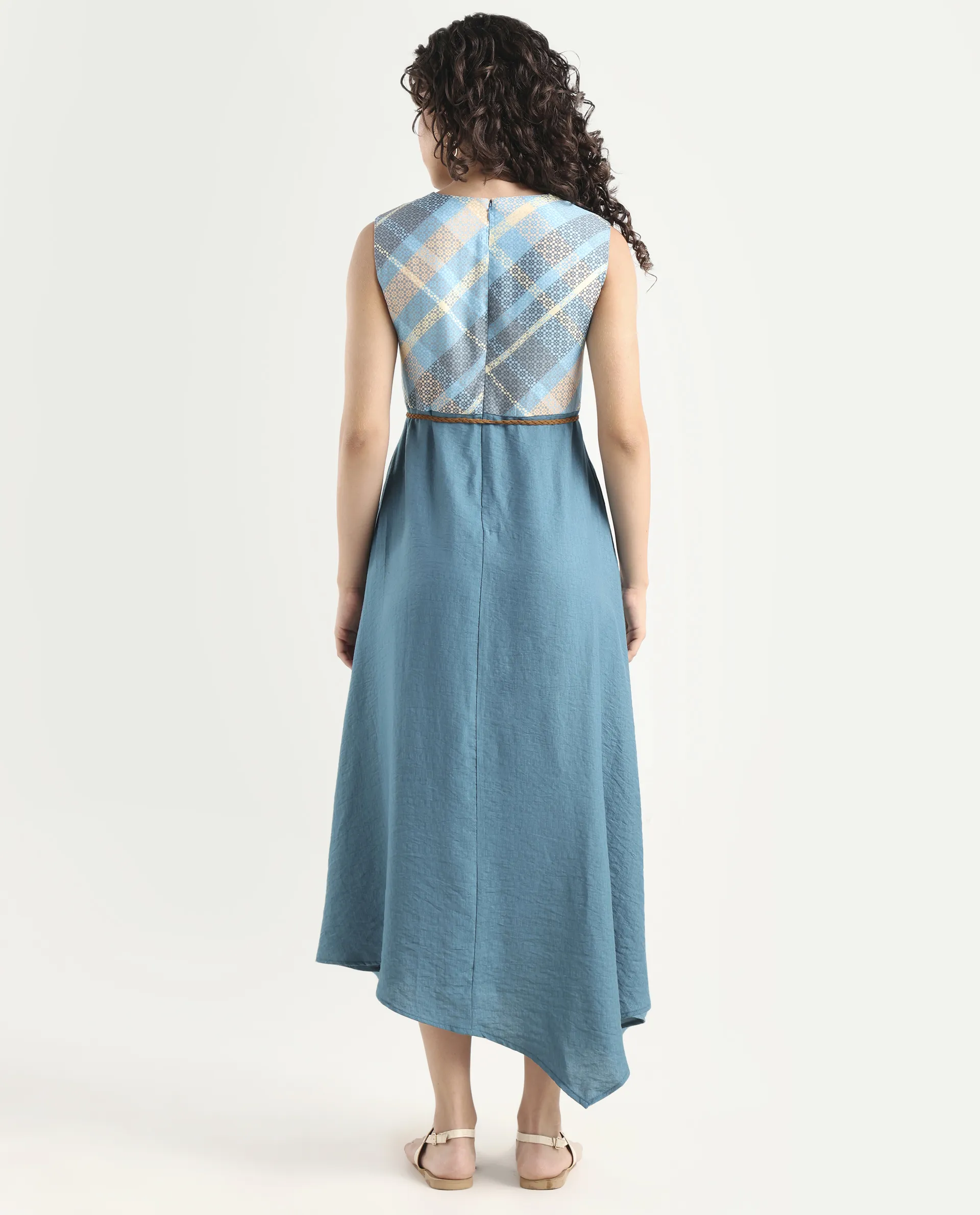 Rareism Women's Riskal Blue Cotton Round Neck Flannel Print Sleeveless Maxi Fit And Flare Dress - Image 7