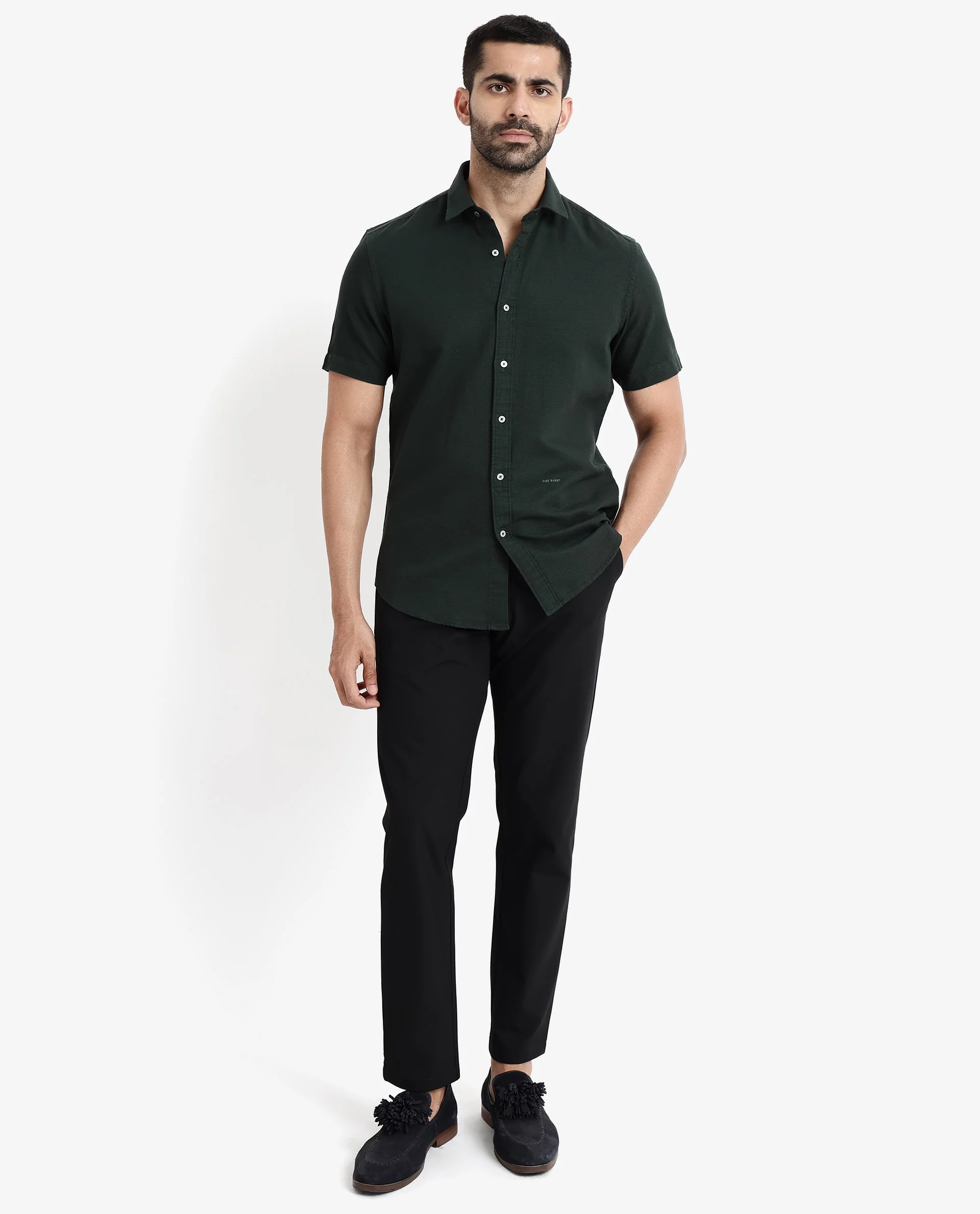 Rare Rabbit Men's Rissa Dark Green Cotton Plain Regular Fit Half Sleeve Collared Shirt - Image 2