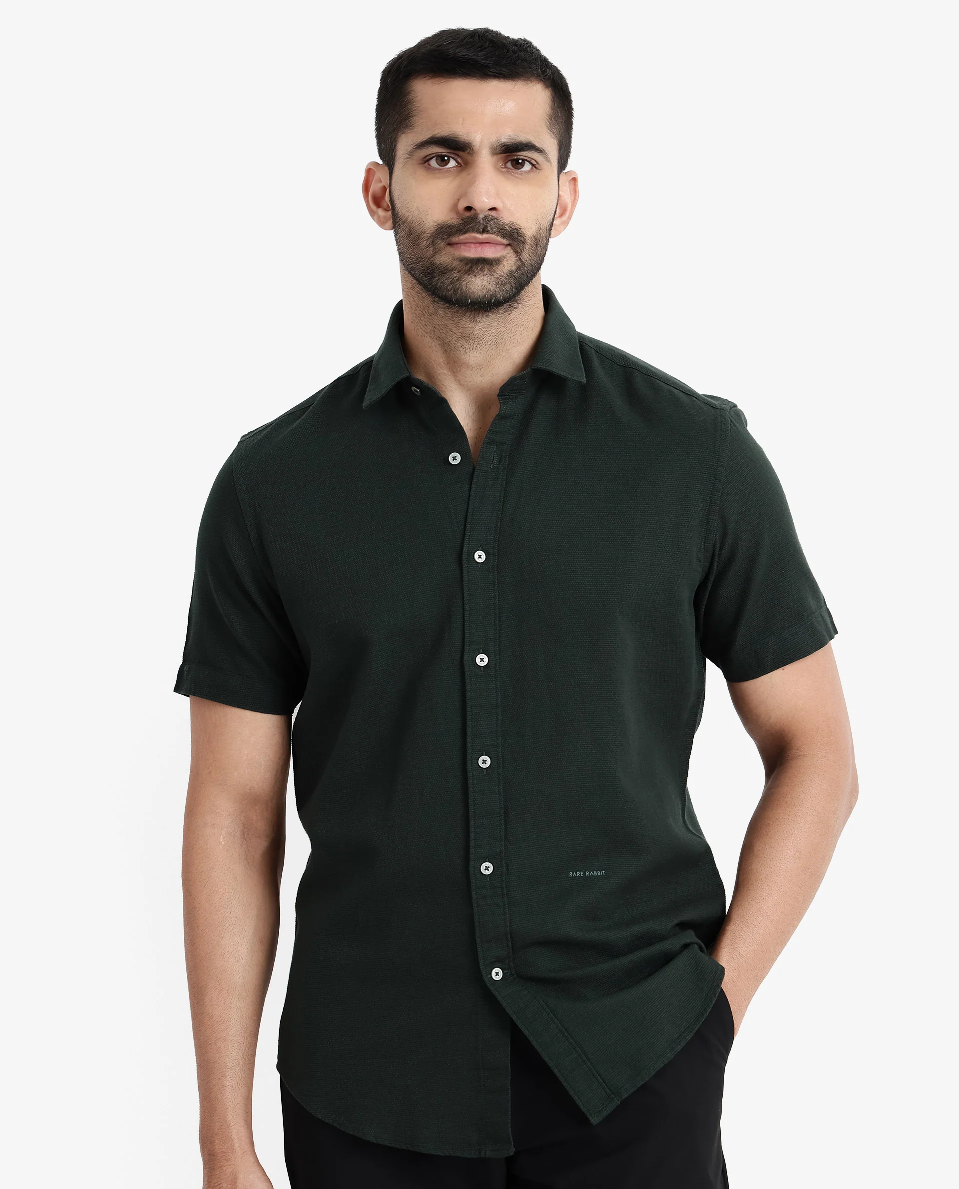 Rare Rabbit Men's Rissa Dark Green Cotton Plain Regular Fit Half Sleeve Collared Shirt - Image 3