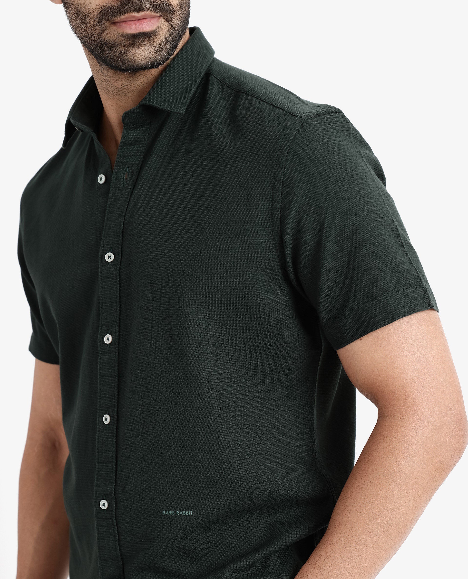 Rare Rabbit Men's Rissa Dark Green Cotton Plain Regular Fit Half Sleeve Collared Shirt - Image 4
