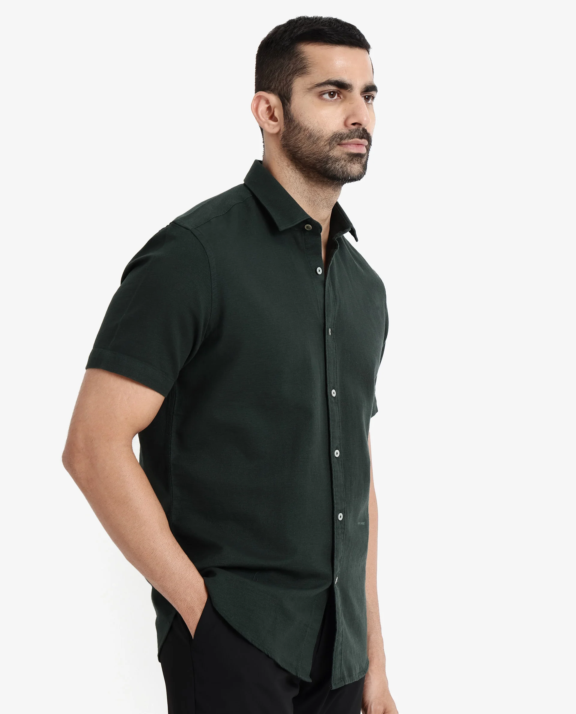 Rare Rabbit Men's Rissa Dark Green Cotton Plain Regular Fit Half Sleeve Collared Shirt - Image 5