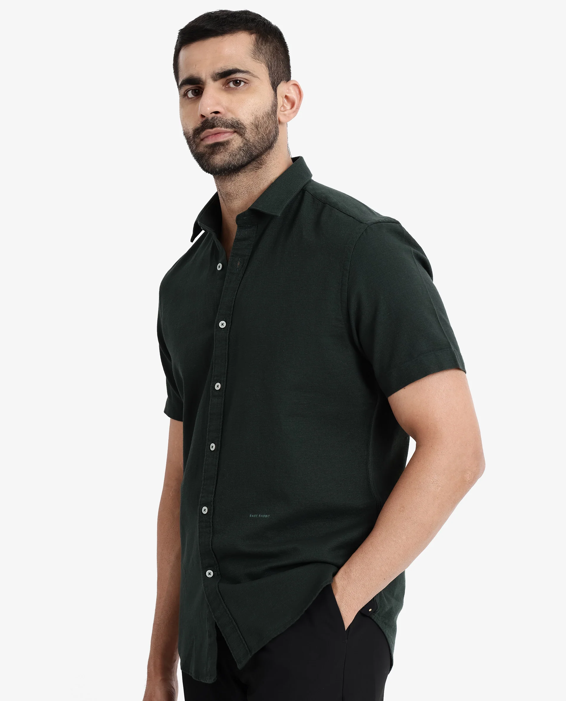 Rare Rabbit Men's Rissa Dark Green Cotton Plain Regular Fit Half Sleeve Collared Shirt - Image 6