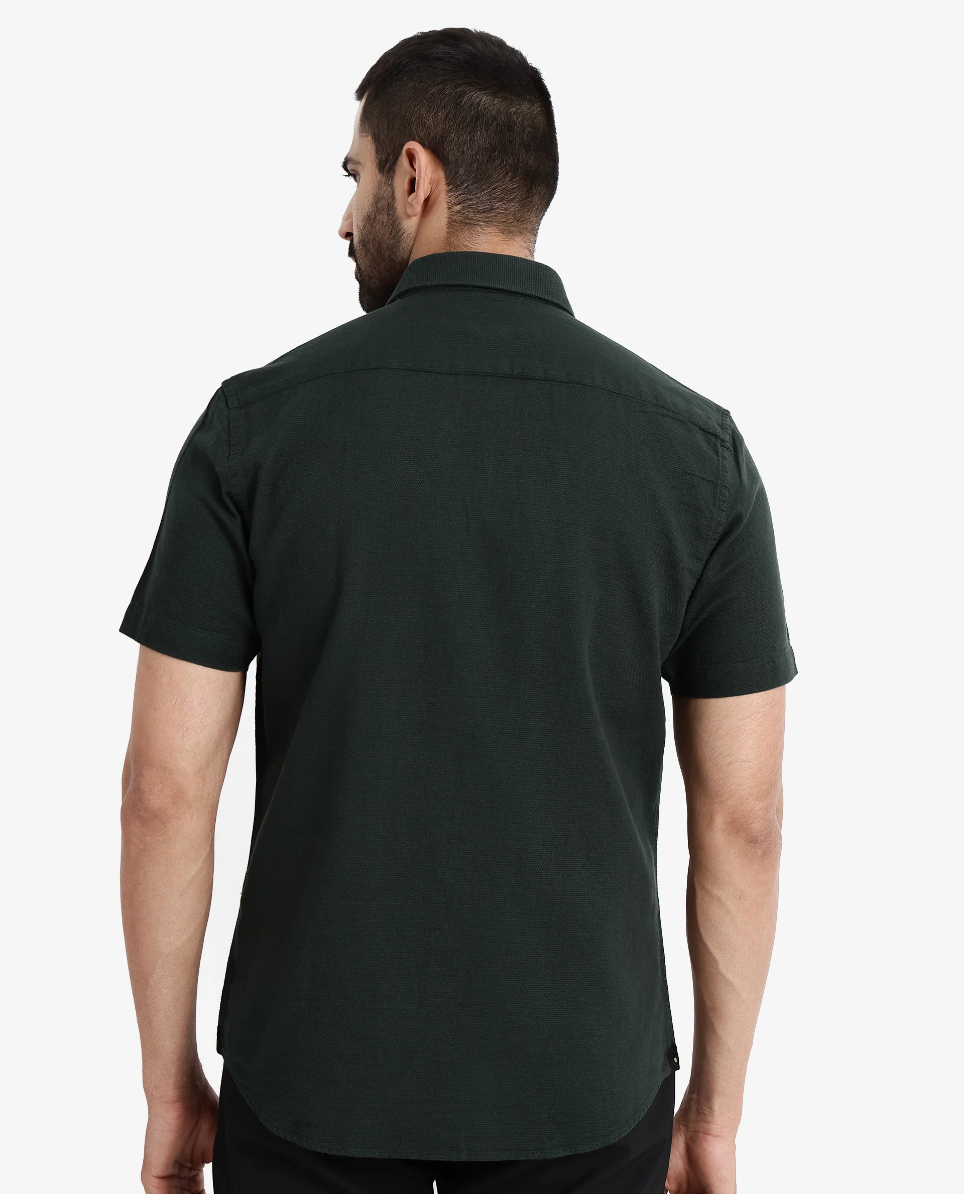 Rare Rabbit Men's Rissa Dark Green Cotton Plain Regular Fit Half Sleeve Collared Shirt - Image 7