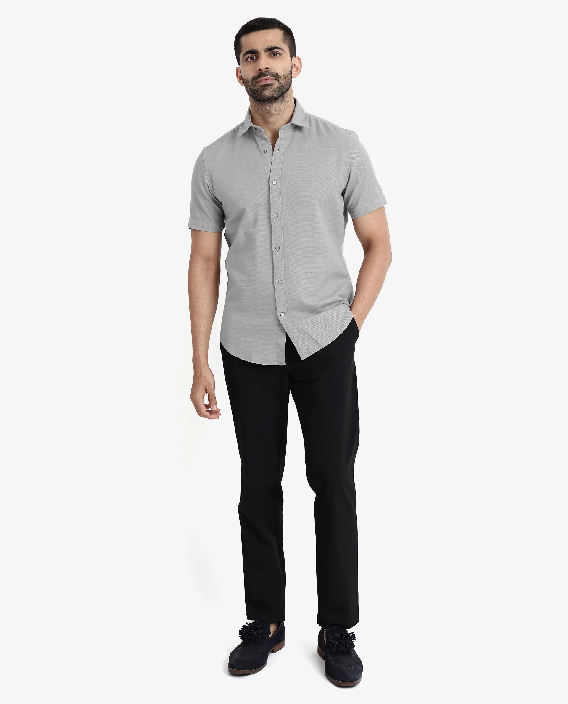 Rare Rabbit Men's Rissa Grey Cotton Plain Regular Fit Half Sleeve Collared Shirt - Image 2