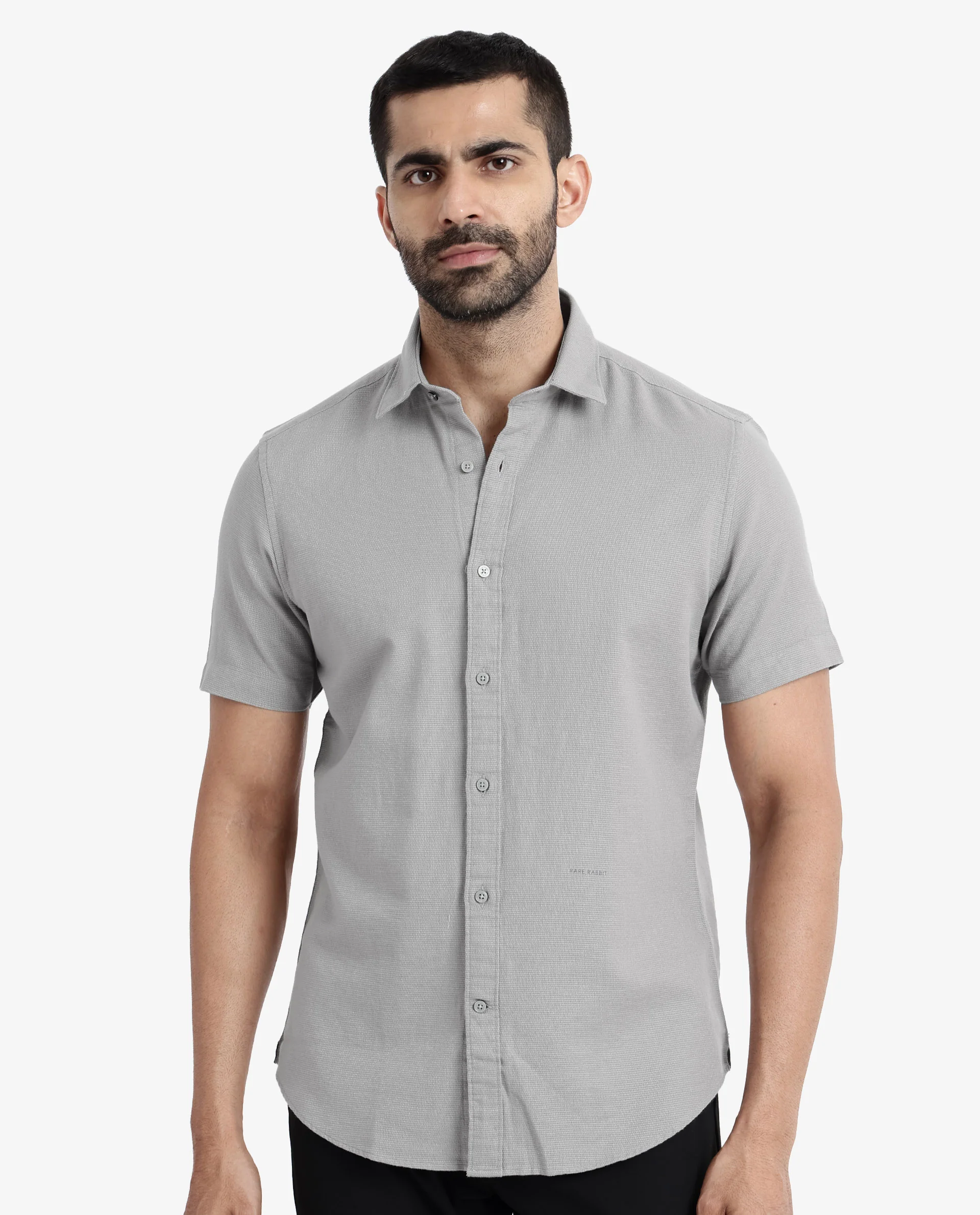 Rare Rabbit Men's Rissa Grey Cotton Plain Regular Fit Half Sleeve Collared Shirt - Image 3