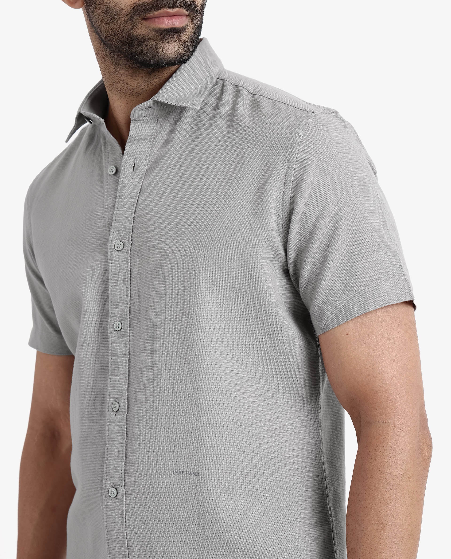 Rare Rabbit Men's Rissa Grey Cotton Plain Regular Fit Half Sleeve Collared Shirt - Image 4