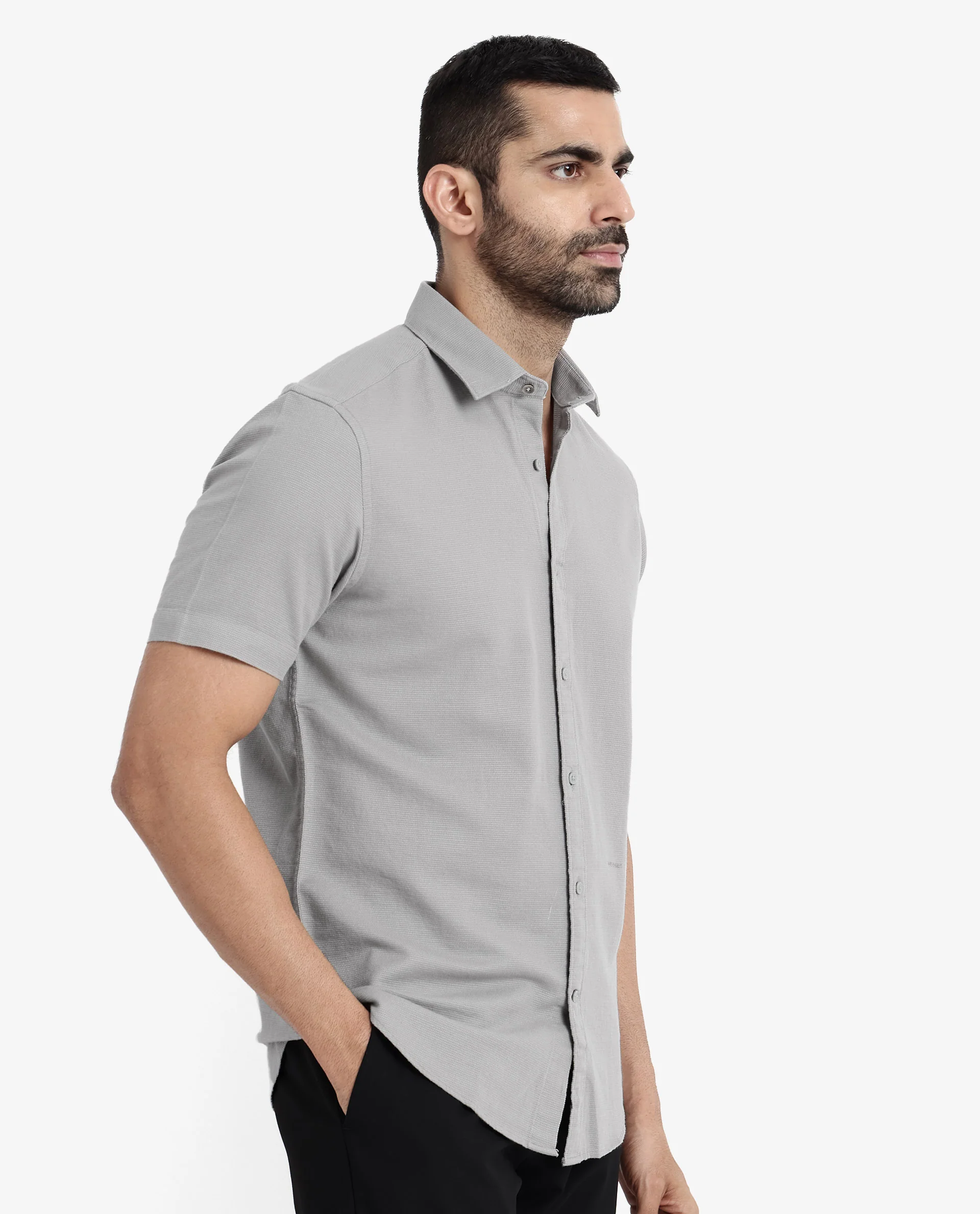 Rare Rabbit Men's Rissa Grey Cotton Plain Regular Fit Half Sleeve Collared Shirt - Image 5