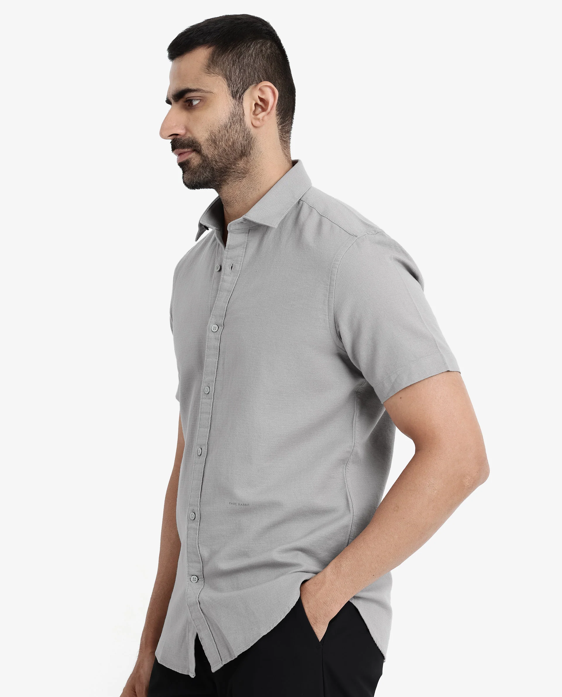 Rare Rabbit Men's Rissa Grey Cotton Plain Regular Fit Half Sleeve Collared Shirt - Image 6