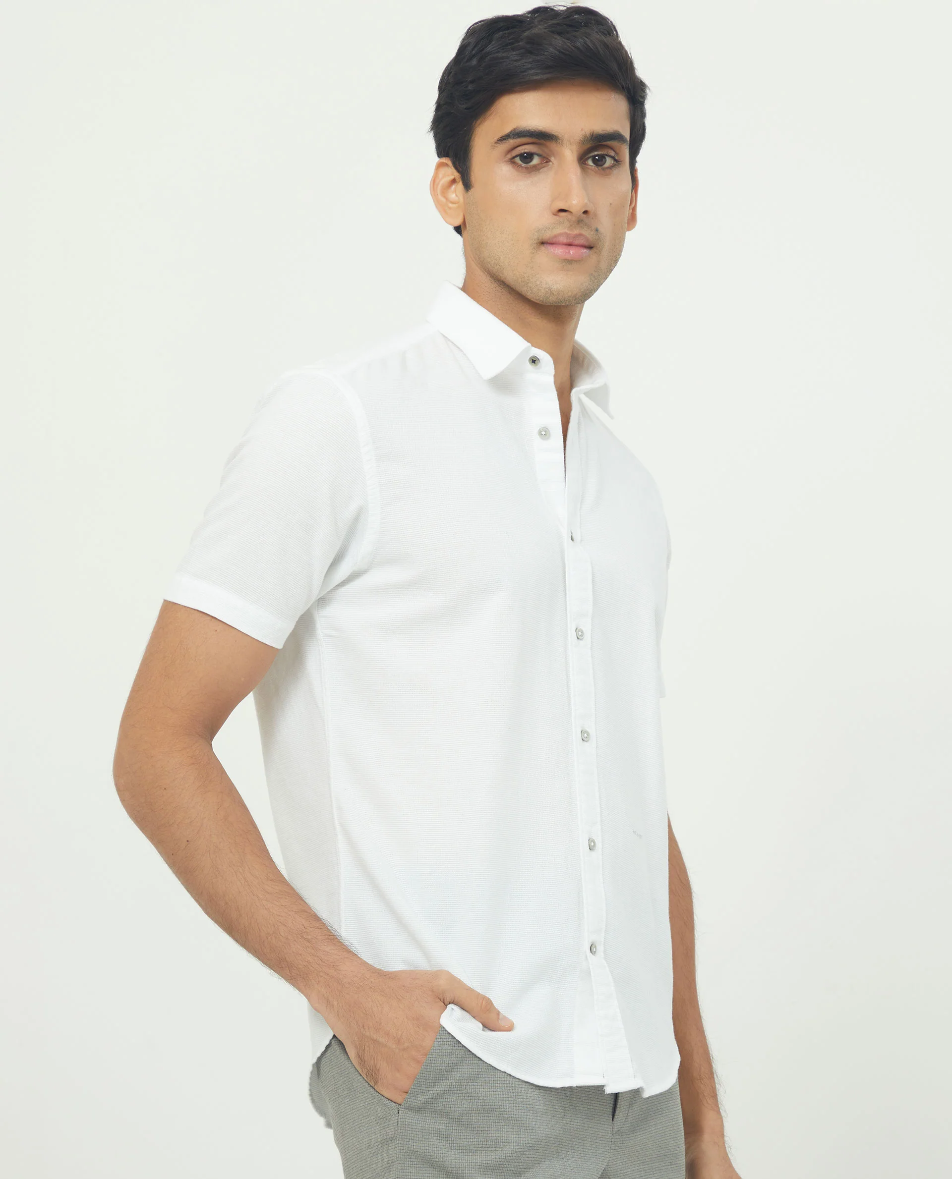 Rare Rabbit Men's Rissa White Cotton Plain Regular Fit Half Sleeve Collared Shirt - Image 6