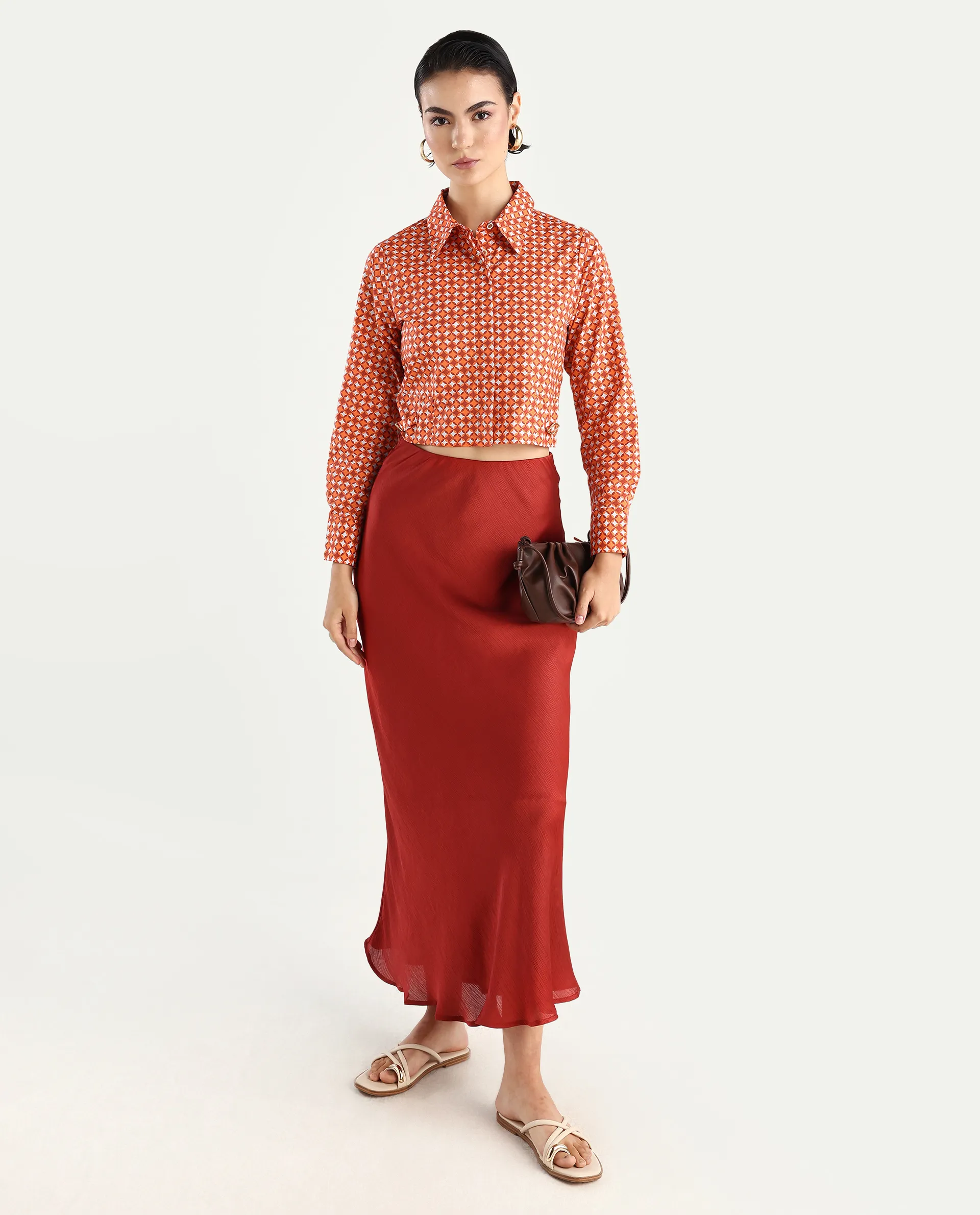 Rareism Women's Rister Multi Cotton Spread Collar Geometric Print Cuffed Sleeve Crop Regular Fit Top - Image 2