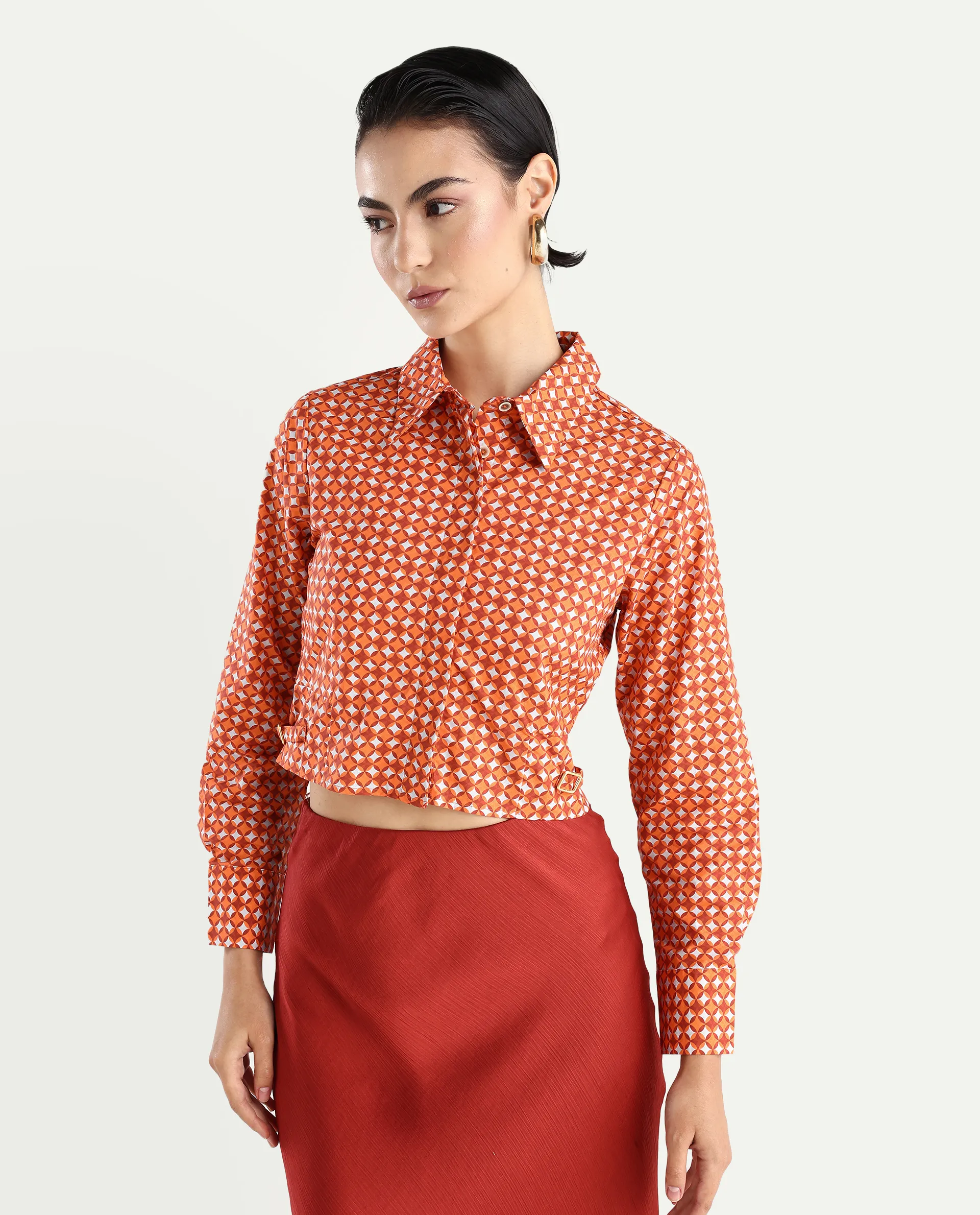 Rareism Women's Rister Multi Cotton Spread Collar Geometric Print Cuffed Sleeve Crop Regular Fit Top - Image 3