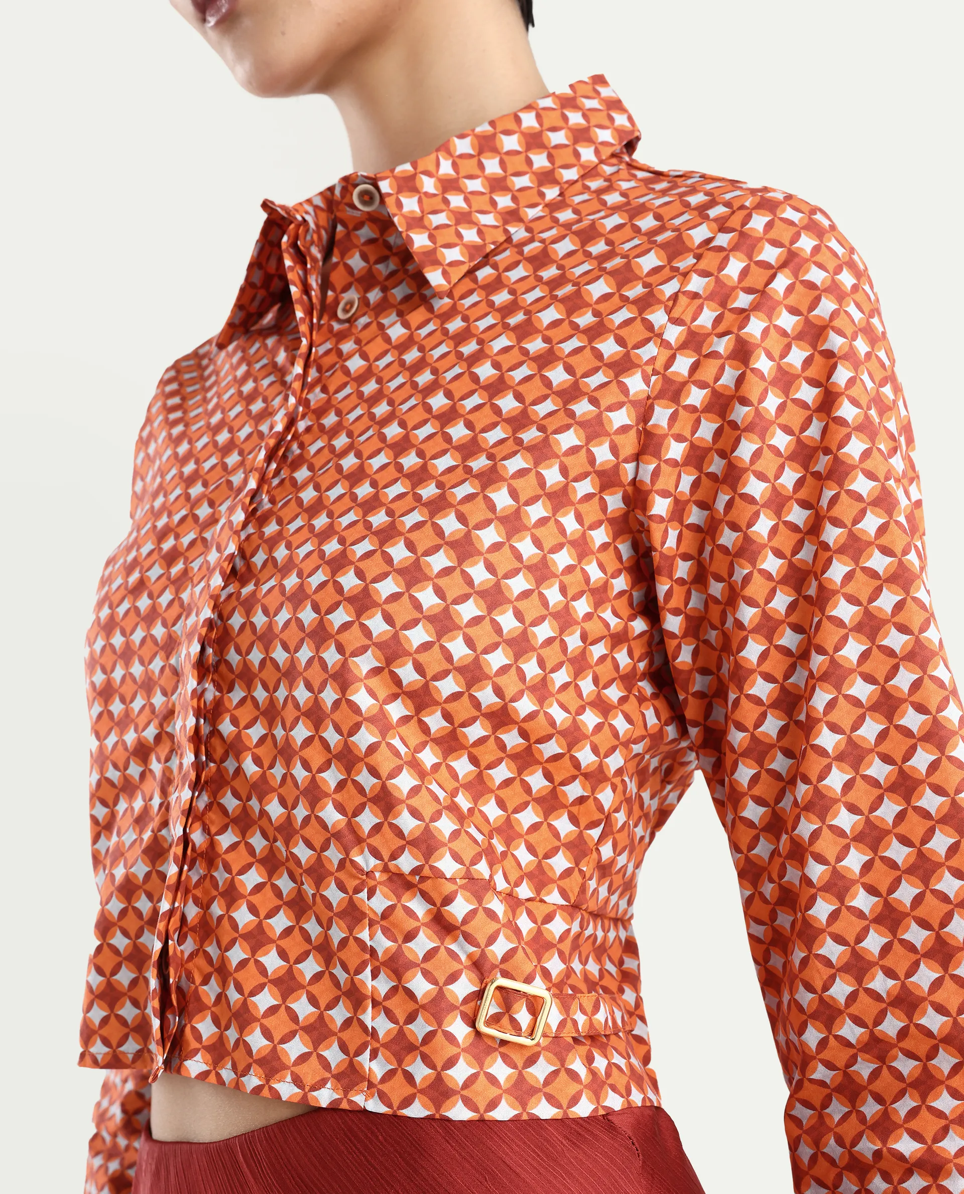 Rareism Women's Rister Multi Cotton Spread Collar Geometric Print Cuffed Sleeve Crop Regular Fit Top - Image 4