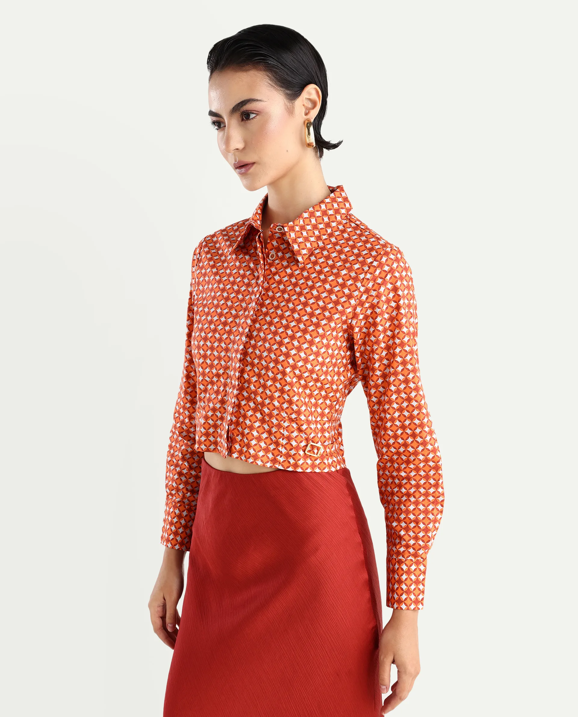Rareism Women's Rister Multi Cotton Spread Collar Geometric Print Cuffed Sleeve Crop Regular Fit Top - Image 6