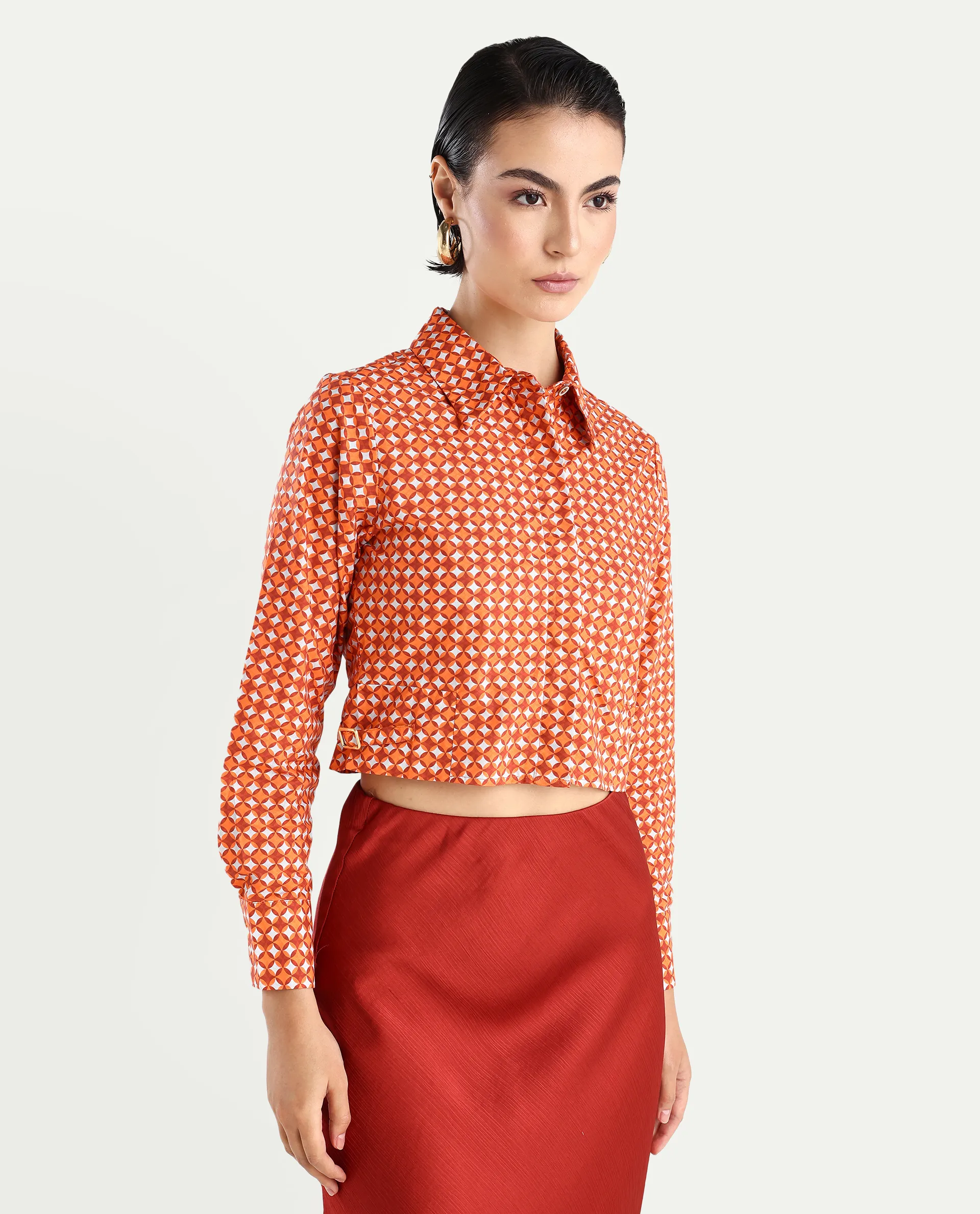 Rareism Women's Rister Multi Cotton Spread Collar Geometric Print Cuffed Sleeve Crop Regular Fit Top - Image 7