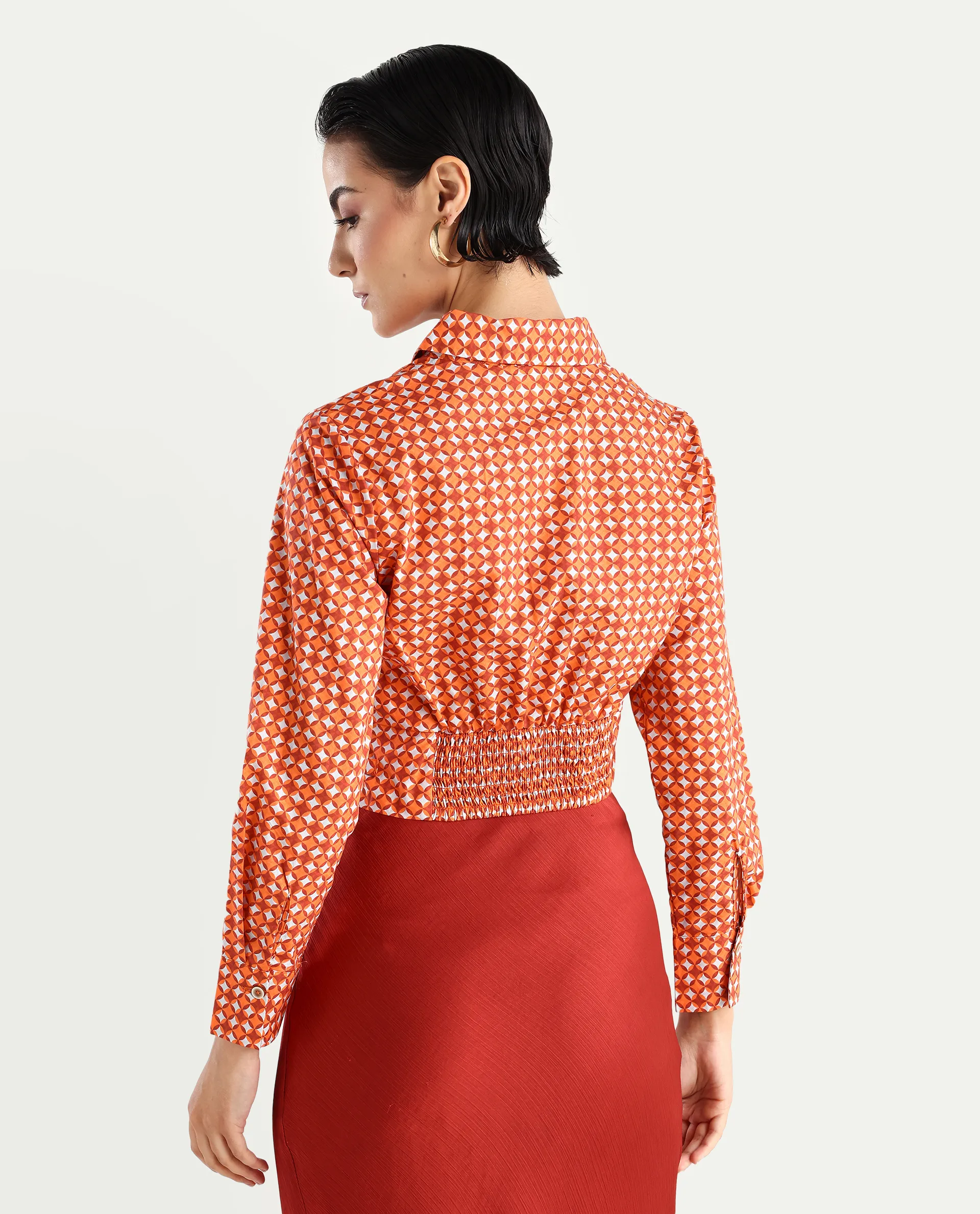 Rareism Women's Rister Multi Cotton Spread Collar Geometric Print Cuffed Sleeve Crop Regular Fit Top - Image 8