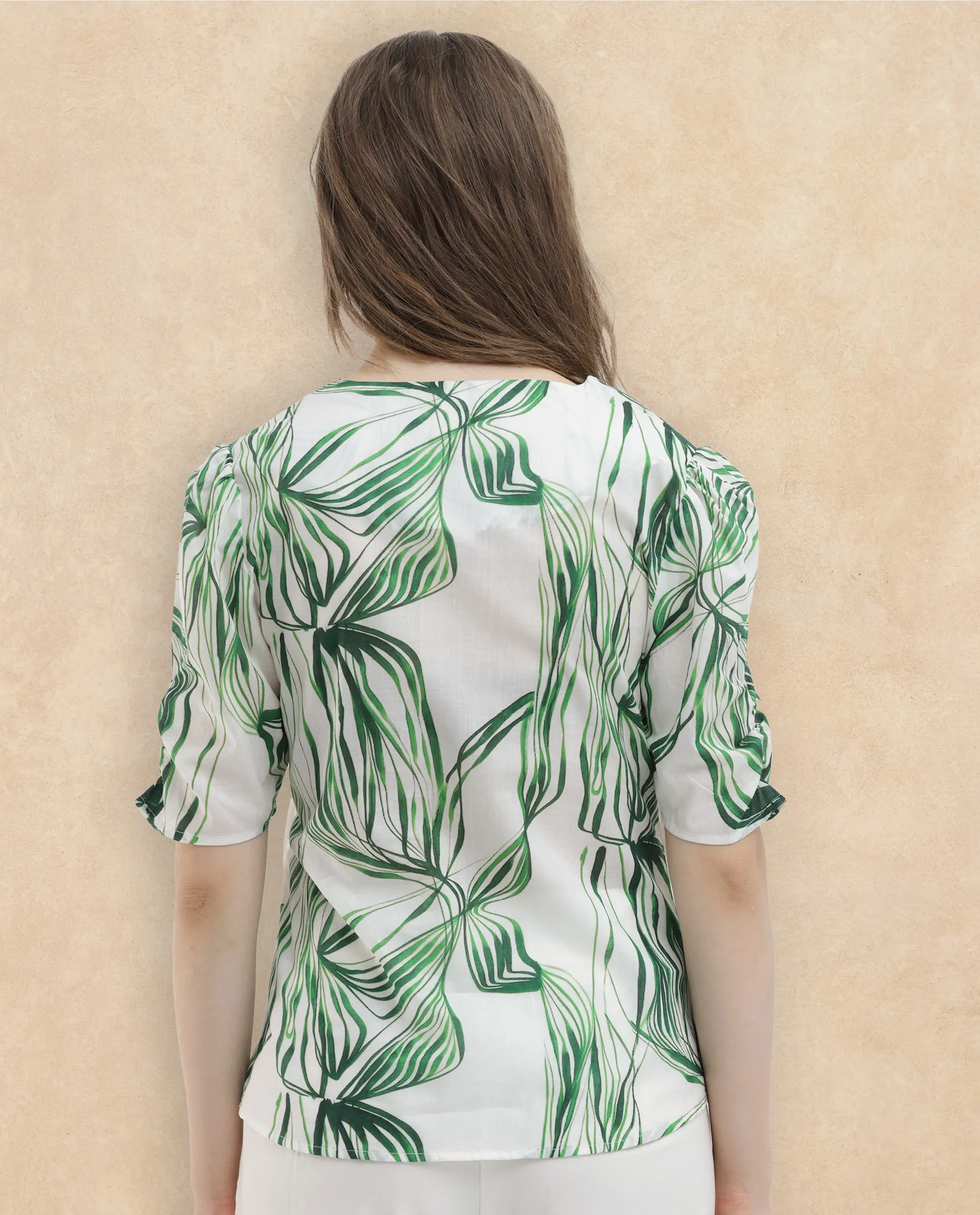Rareism Women's Riter Green Cotton V-Neck Abstract Print Puff Sleeves Regular Fit Top - Image 8