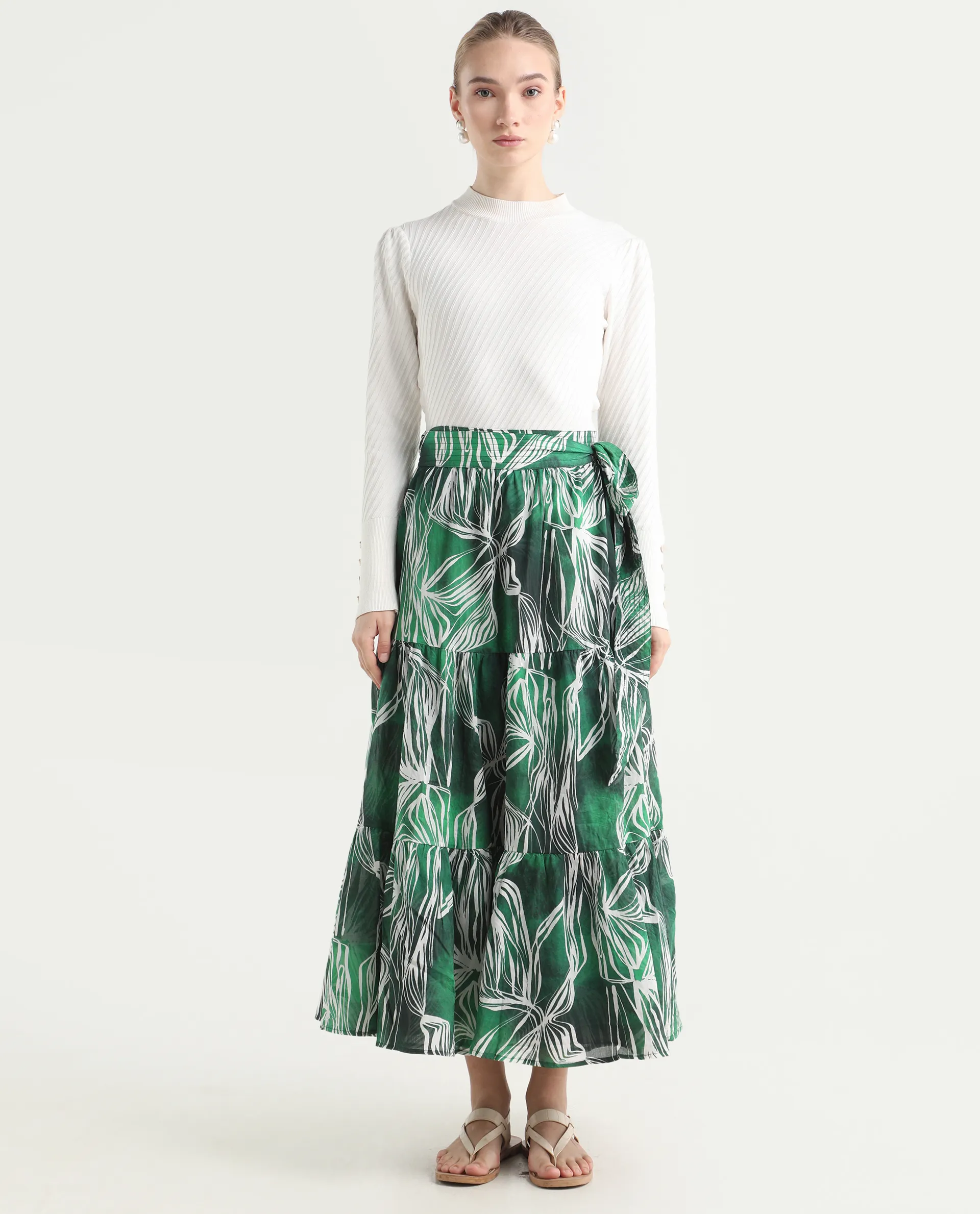 Rareism Women's Rittert Green Cotton Abstract Print Maxi Flared Skirt - Image 2
