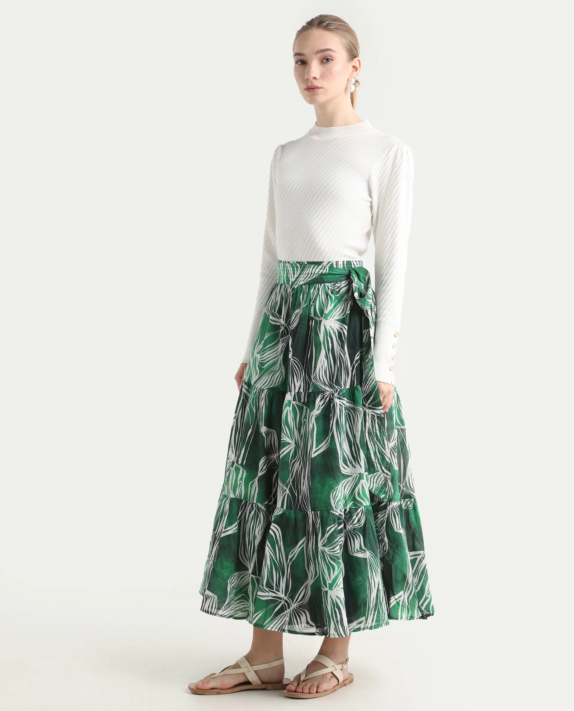 Rareism Women's Rittert Green Cotton Abstract Print Maxi Flared Skirt - Image 3