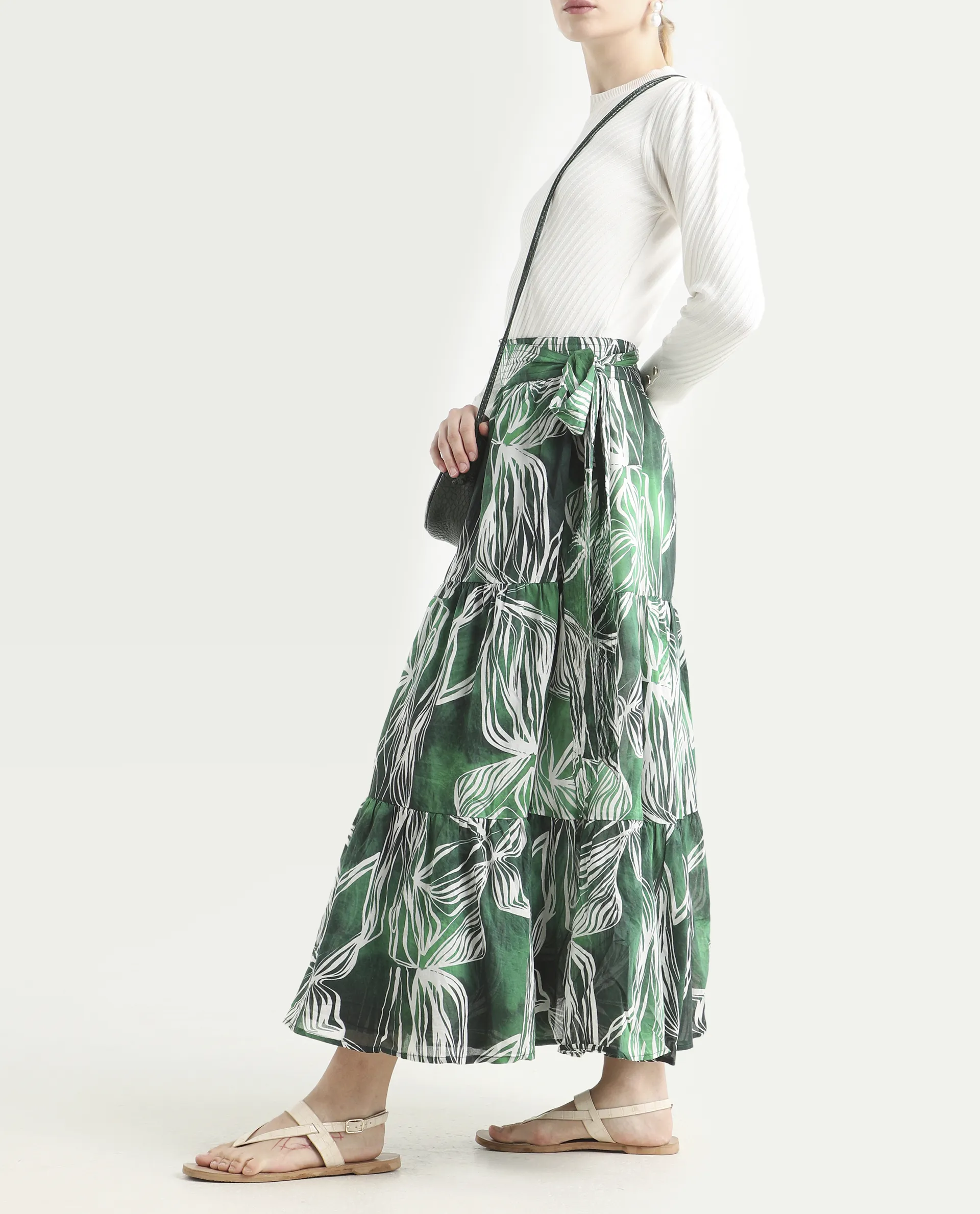 Rareism Women's Rittert Green Cotton Abstract Print Maxi Flared Skirt - Image 5