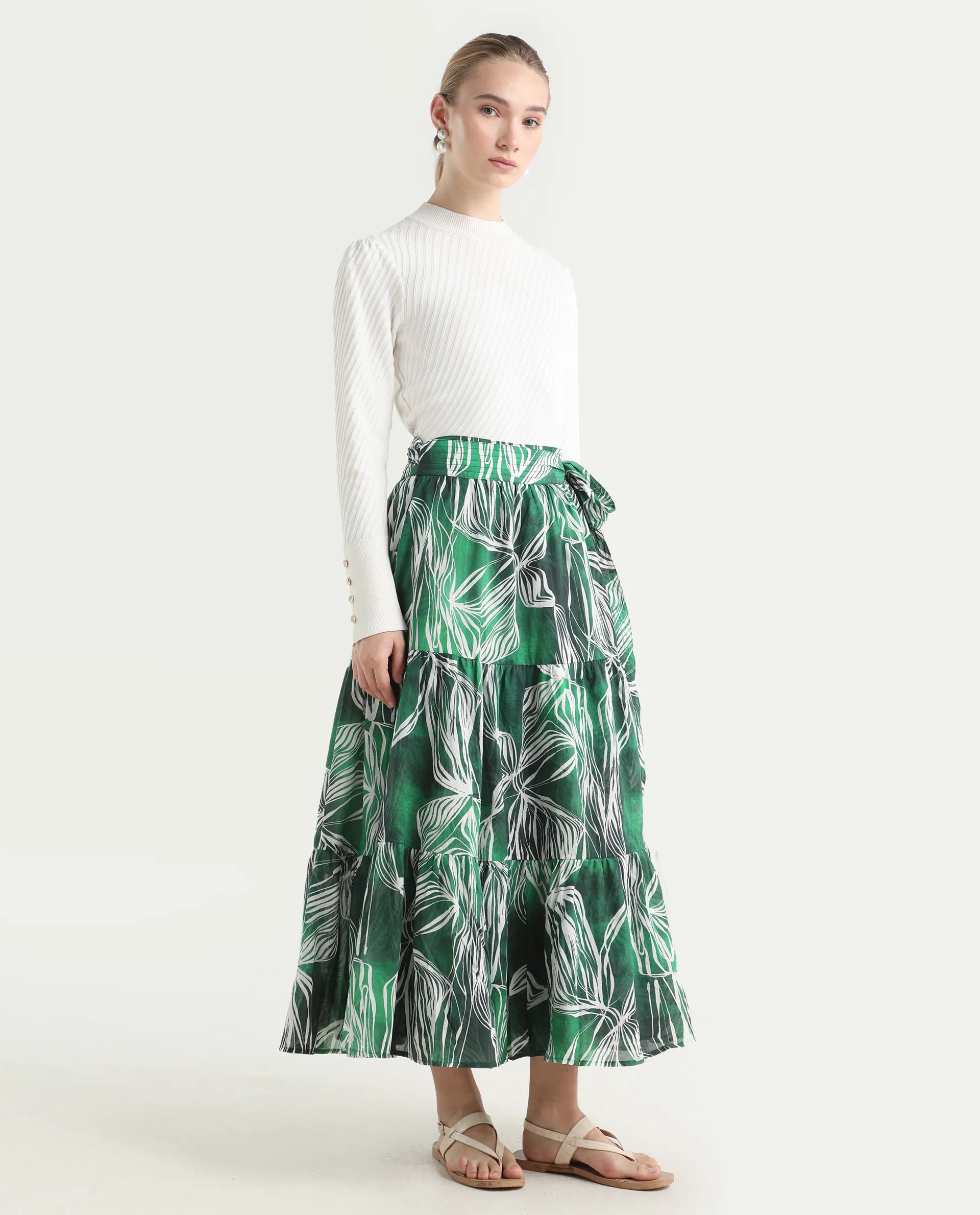 Rareism Women's Rittert Green Cotton Abstract Print Maxi Flared Skirt - Image 6