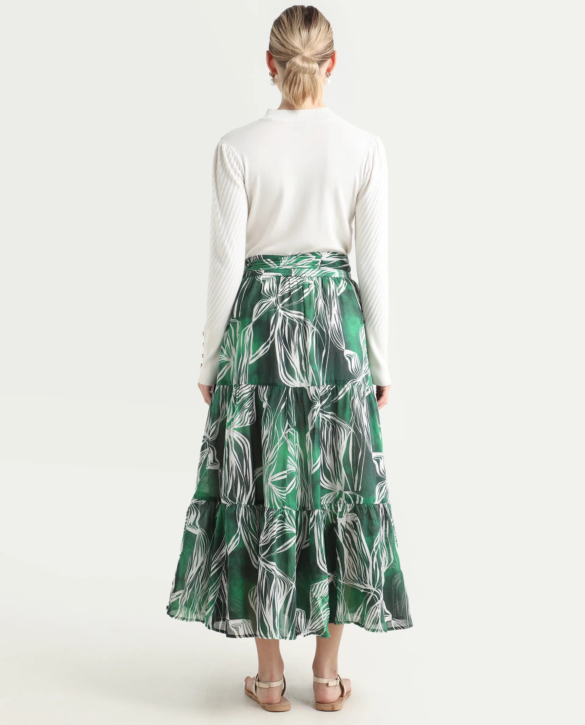 Rareism Women's Rittert Green Cotton Abstract Print Maxi Flared Skirt - Image 7