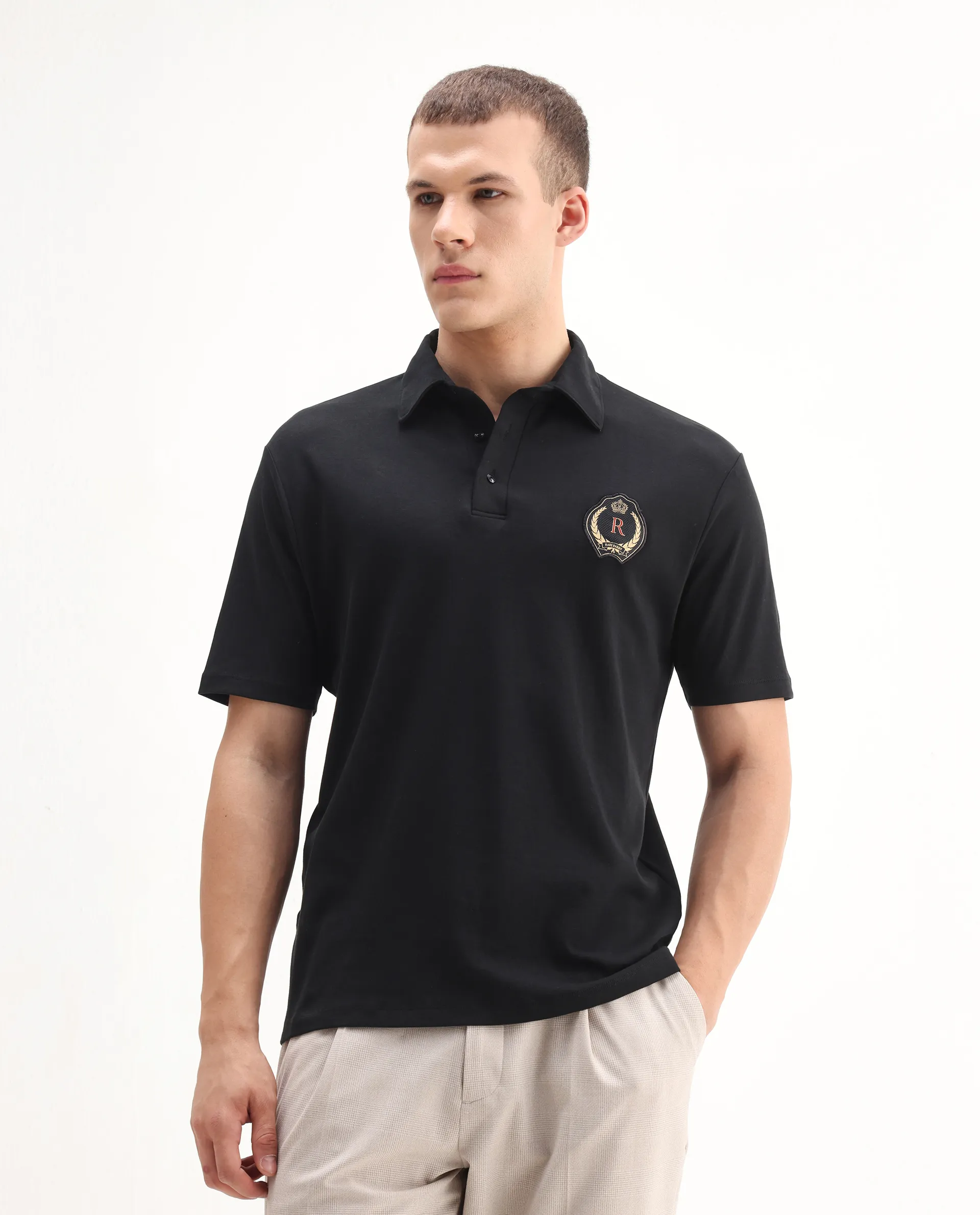 Rare Rabbit Men's Ritz Black` Cotton Plain Regular Fit Half Sleeve Polo - Image 3