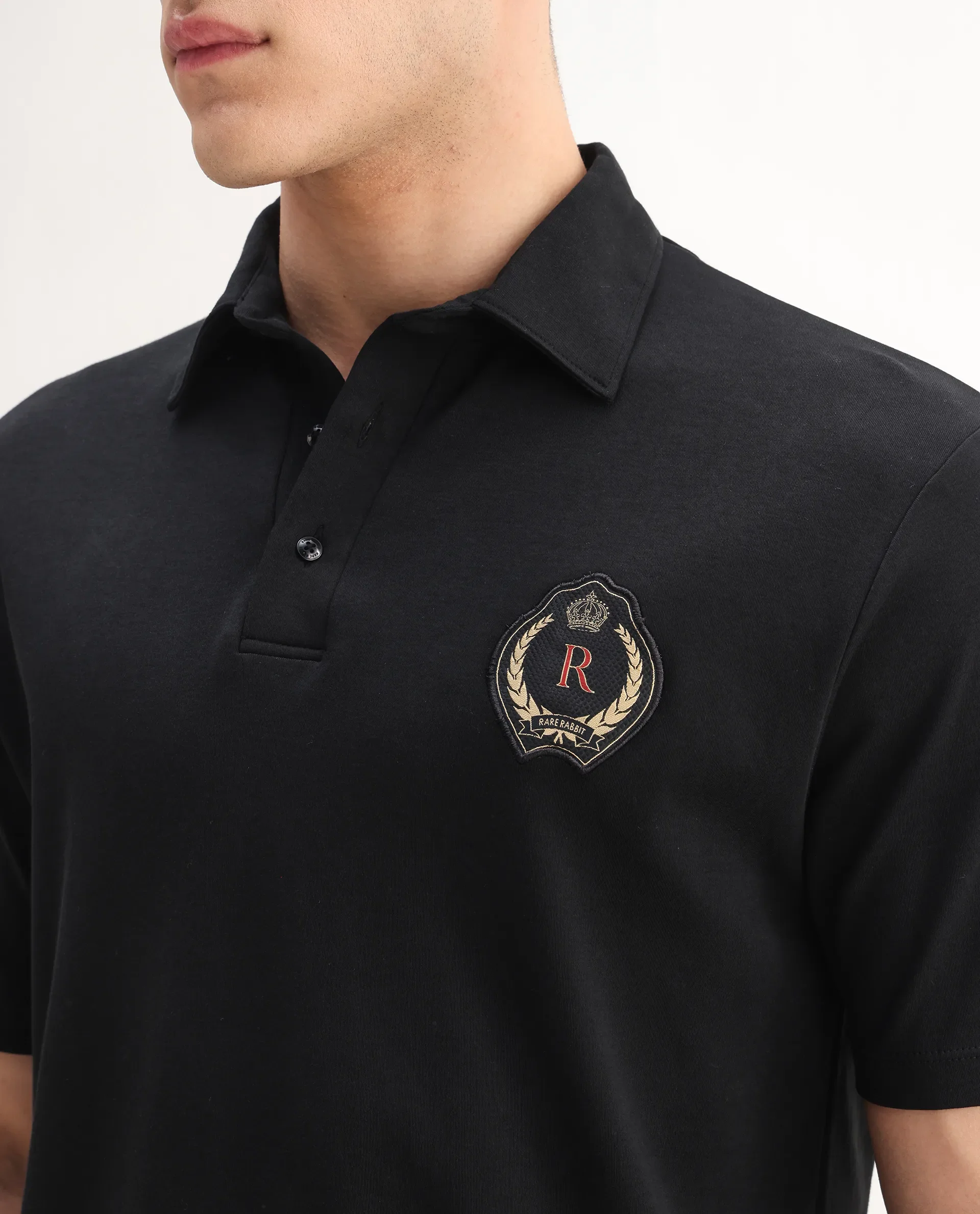 Rare Rabbit Men's Ritz Black` Cotton Plain Regular Fit Half Sleeve Polo - Image 4