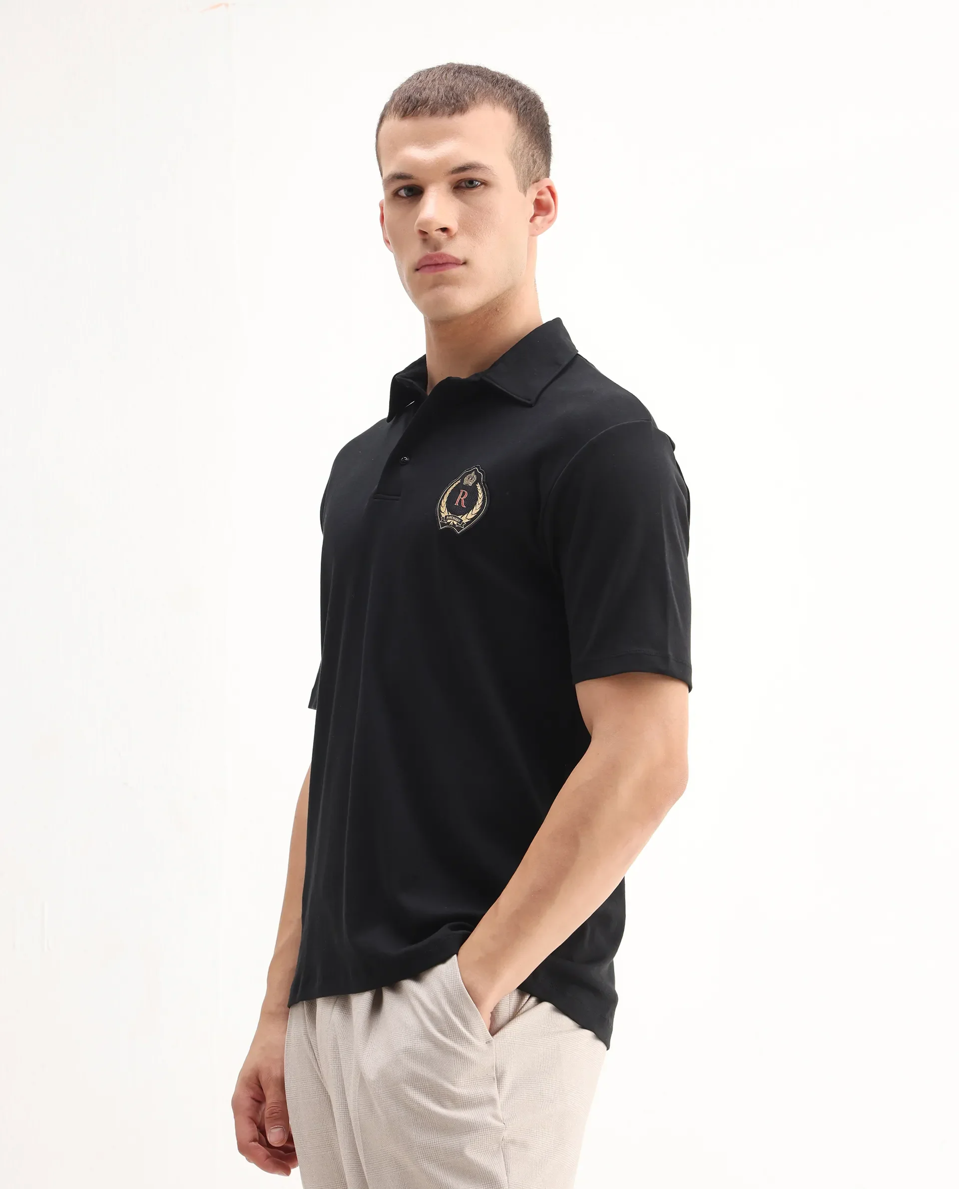 Rare Rabbit Men's Ritz Black` Cotton Plain Regular Fit Half Sleeve Polo - Image 5