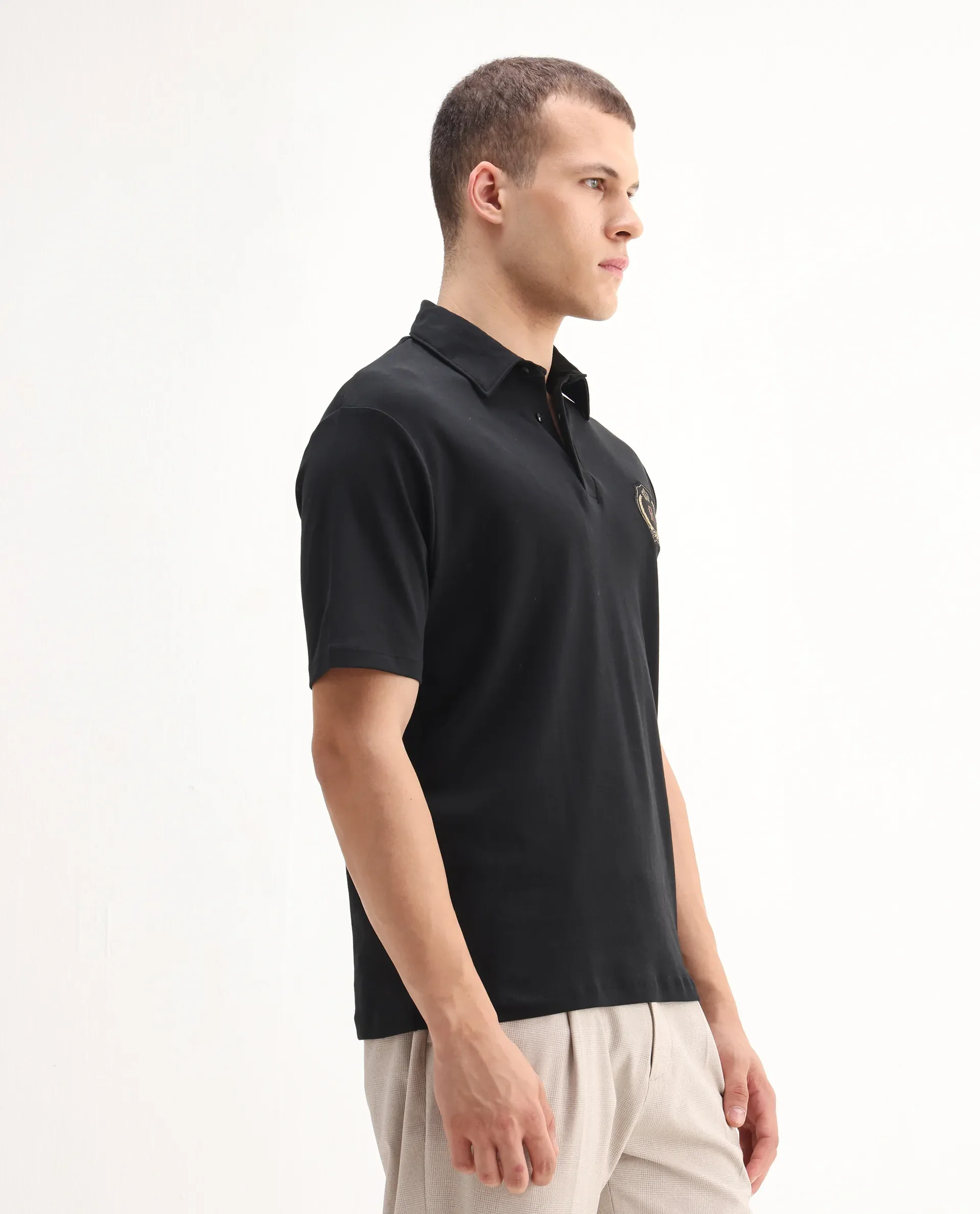 Rare Rabbit Men's Ritz Black` Cotton Plain Regular Fit Half Sleeve Polo - Image 6