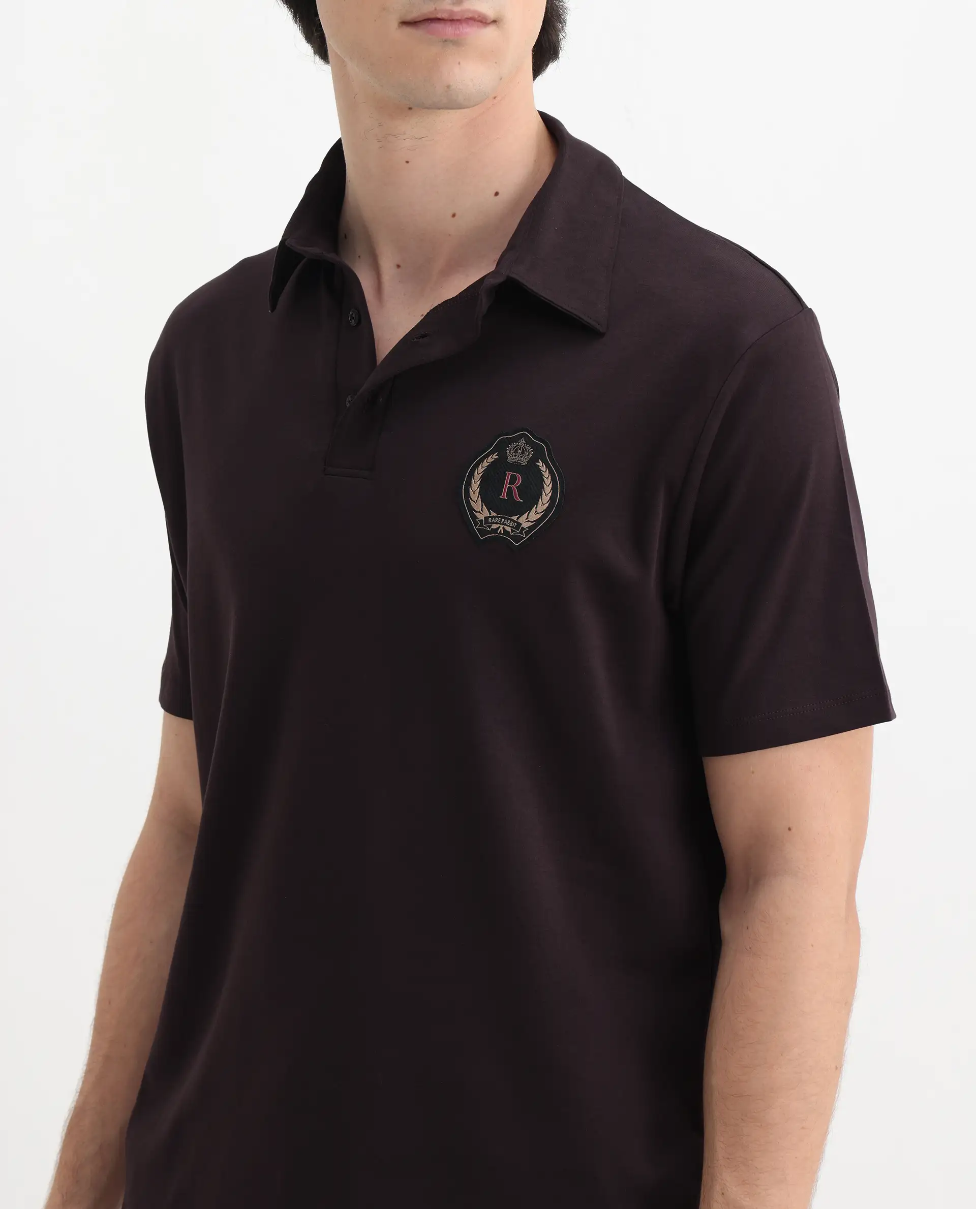 Rare Rabbit Men's Ritz Brown Cotton Plain Regular Fit Half Sleeve Polo - Image 3