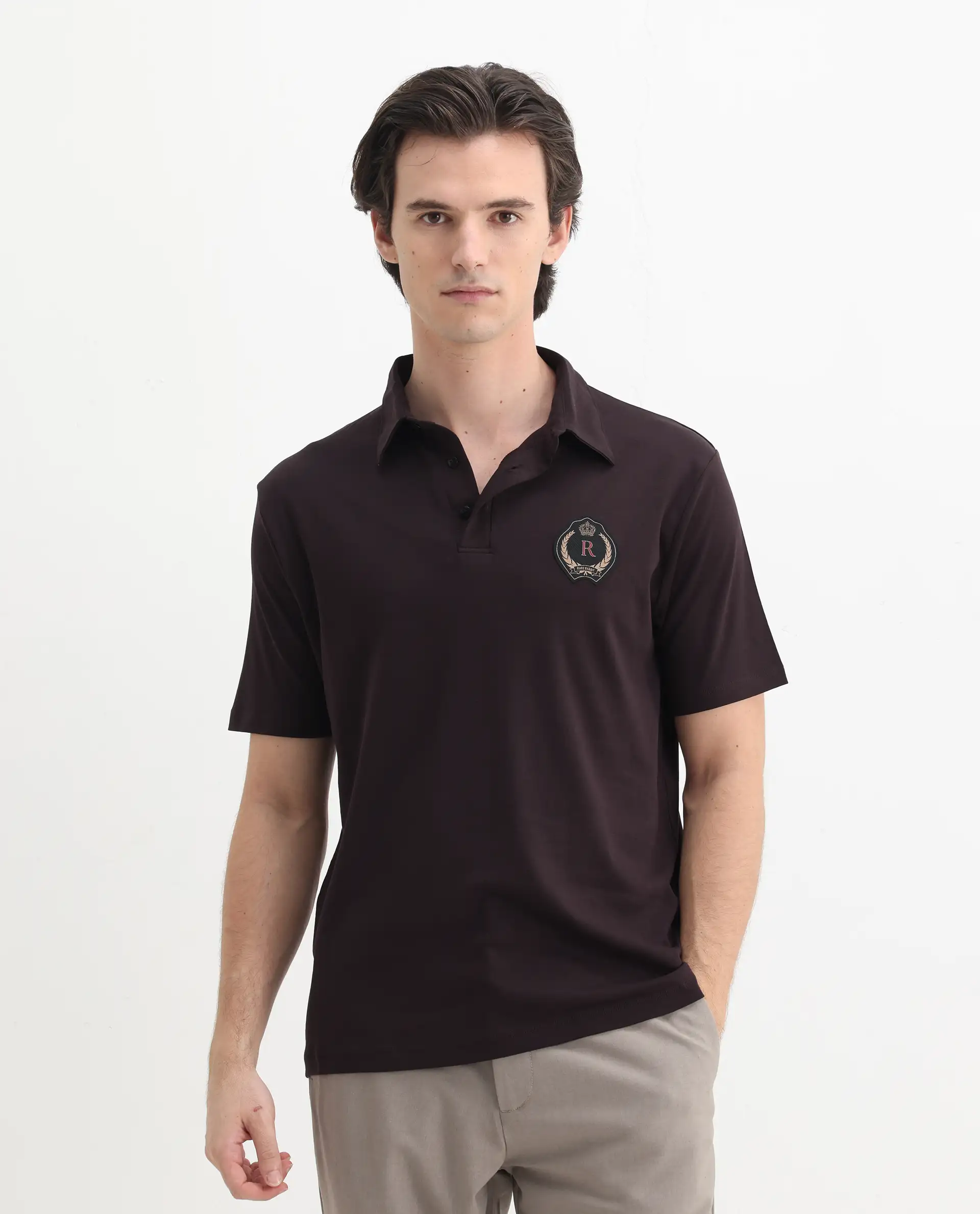 Rare Rabbit Men's Ritz Brown Cotton Plain Regular Fit Half Sleeve Polo - Image 4