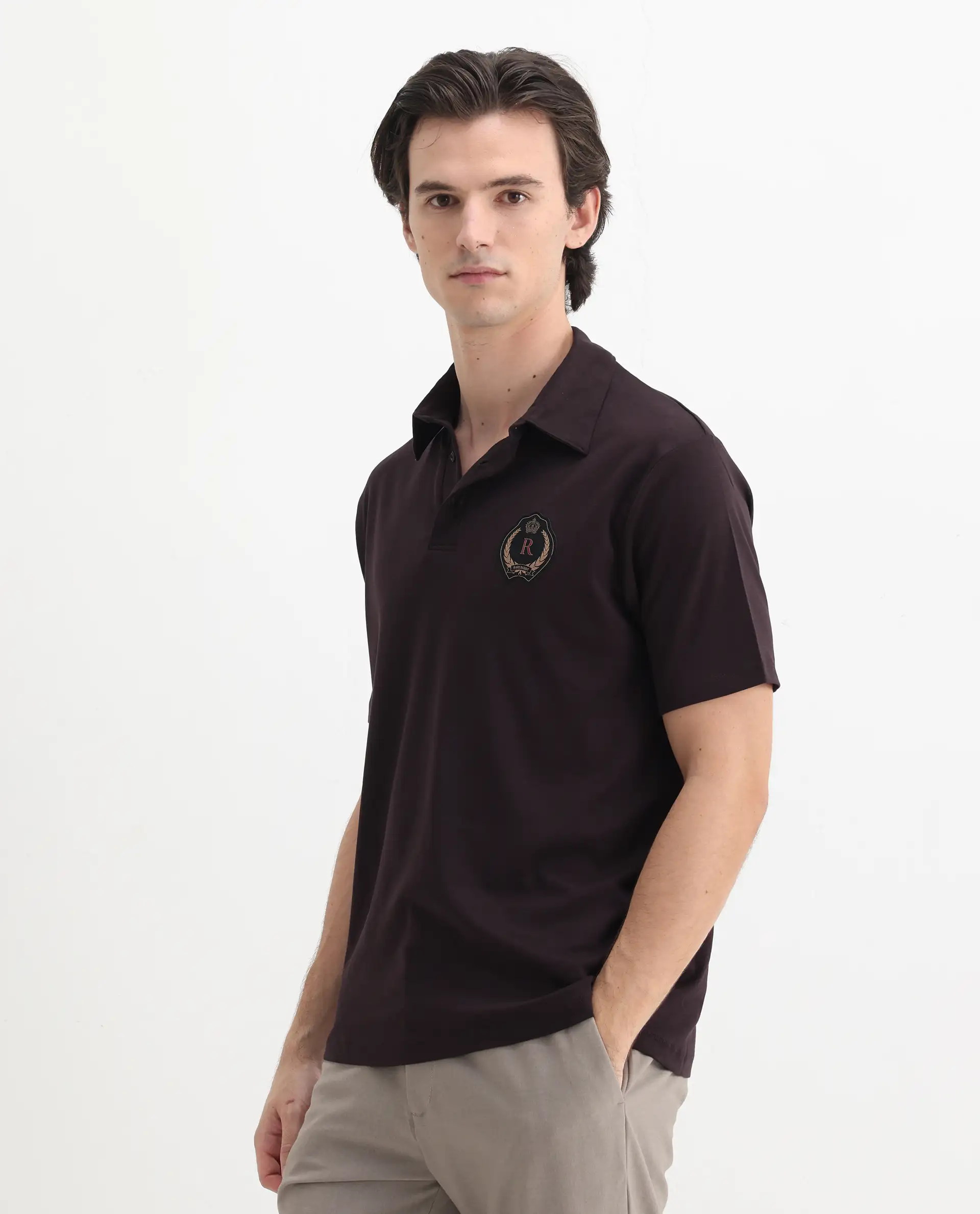 Rare Rabbit Men's Ritz Brown Cotton Plain Regular Fit Half Sleeve Polo - Image 5