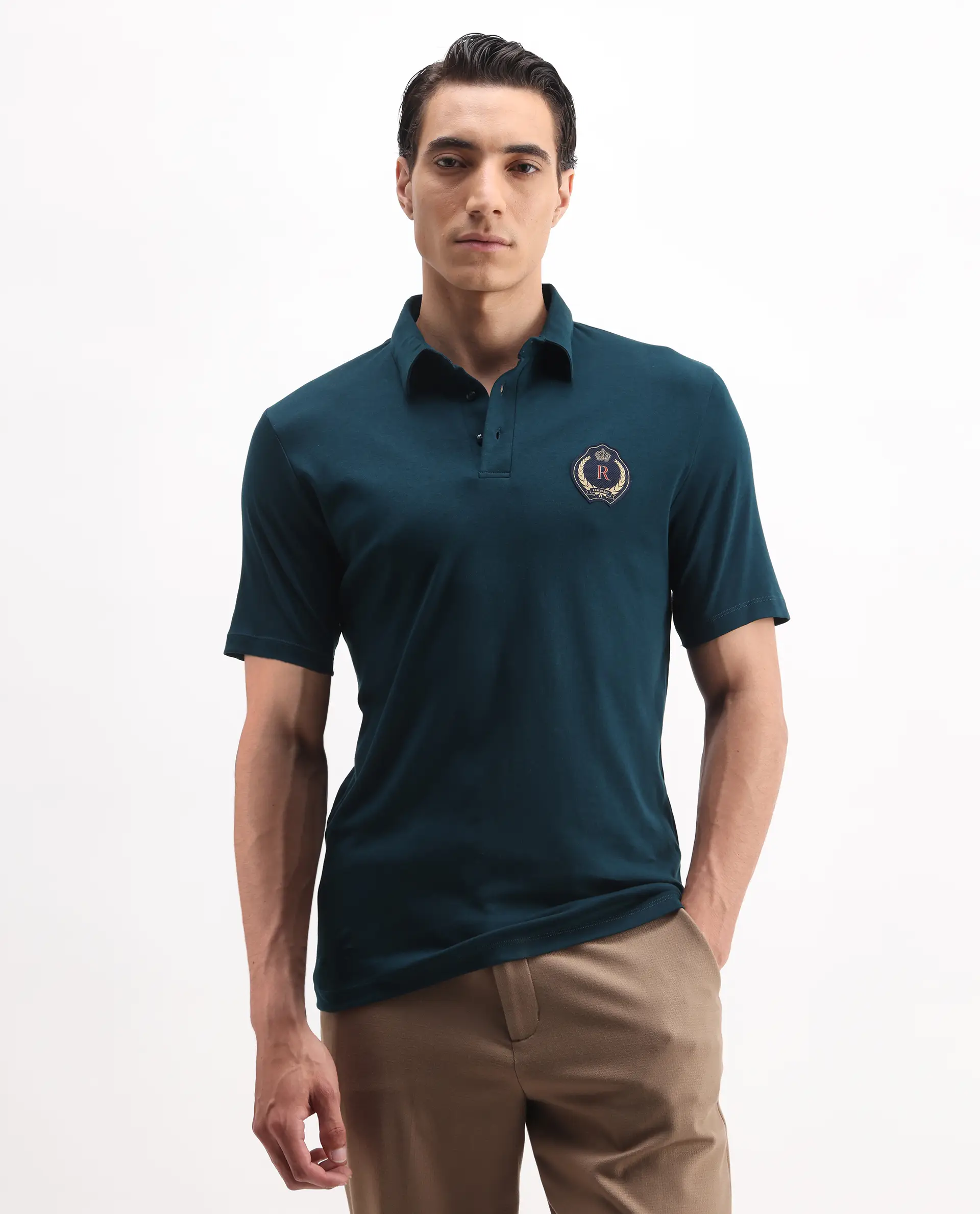 Rare Rabbit Men's Ritz Dark Green Cotton Plain Regular Fit Half Sleeve Polo - Image 4