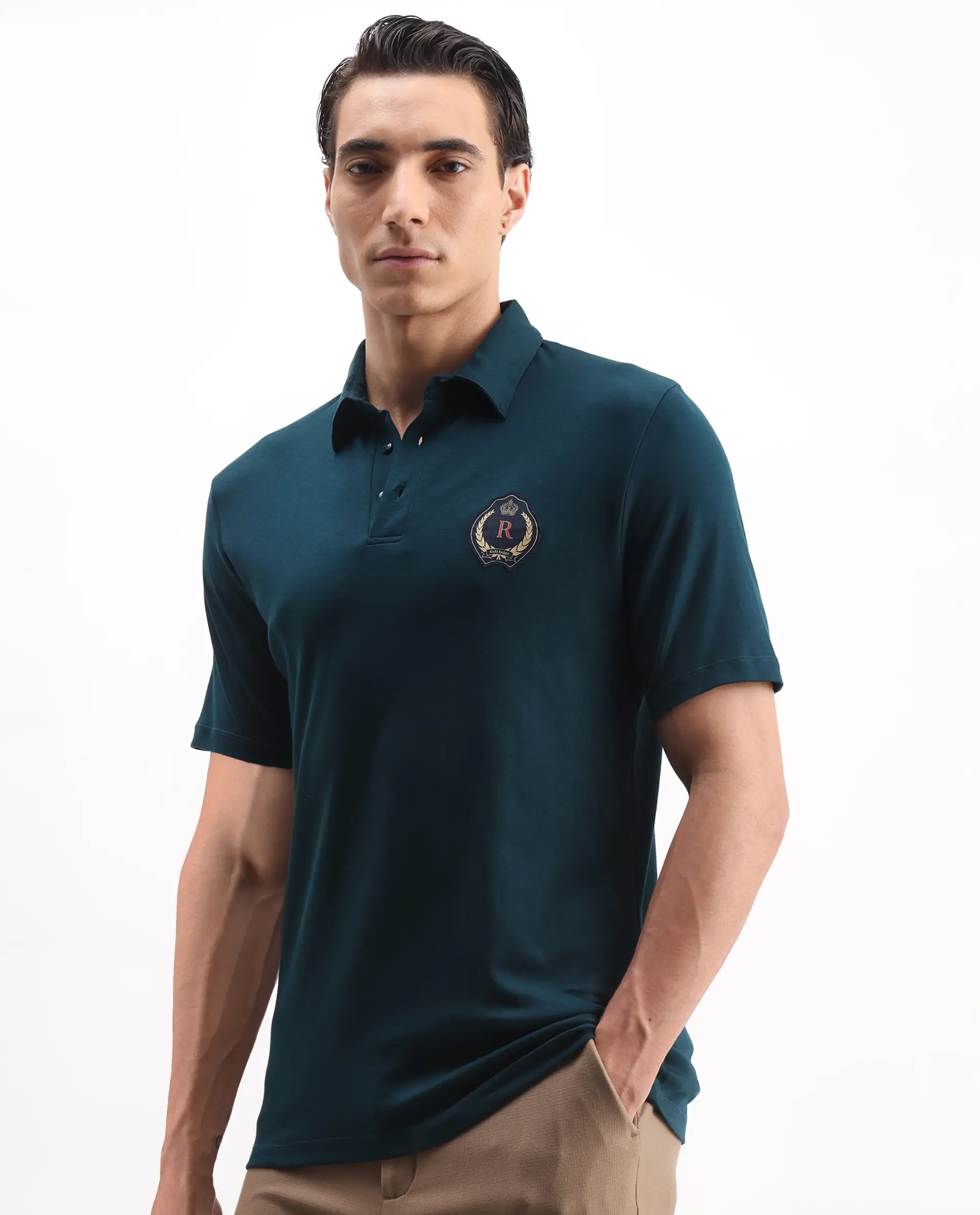 Rare Rabbit Men's Ritz Dark Green Cotton Plain Regular Fit Half Sleeve Polo - Image 5