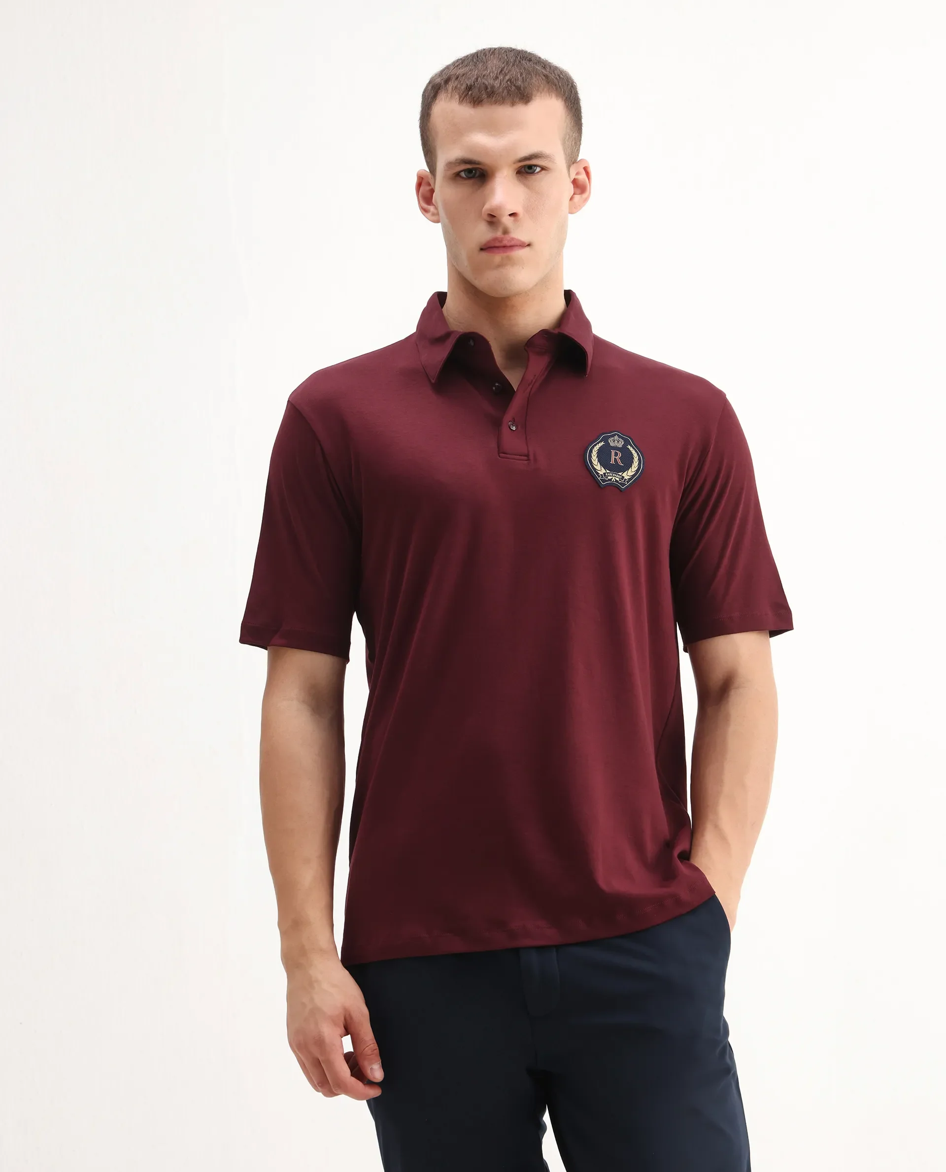 Rare Rabbit Men's Ritz Maroon Cotton Plain Regular Fit Half Sleeve Polo - Image 4
