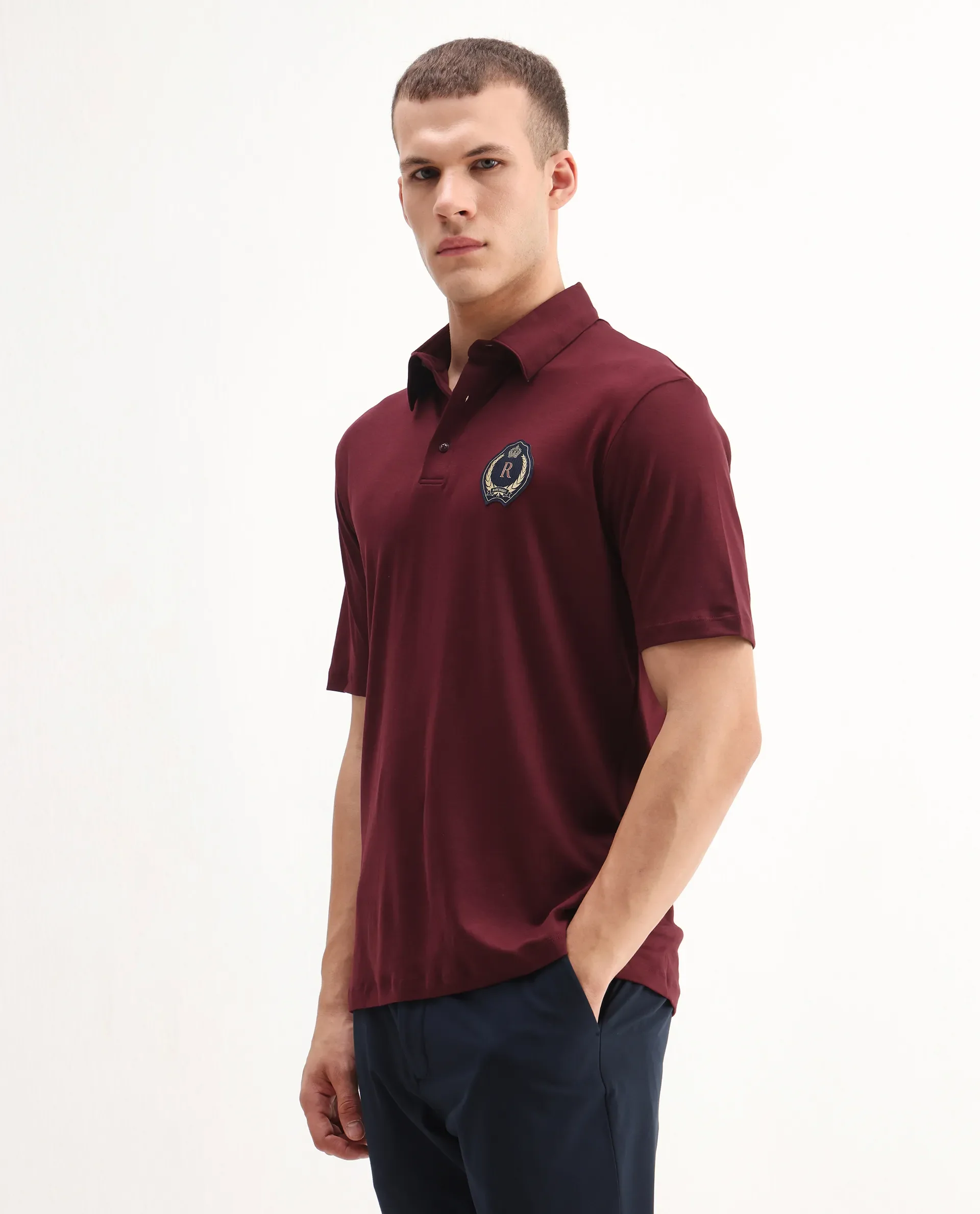 Rare Rabbit Men's Ritz Maroon Cotton Plain Regular Fit Half Sleeve Polo - Image 5