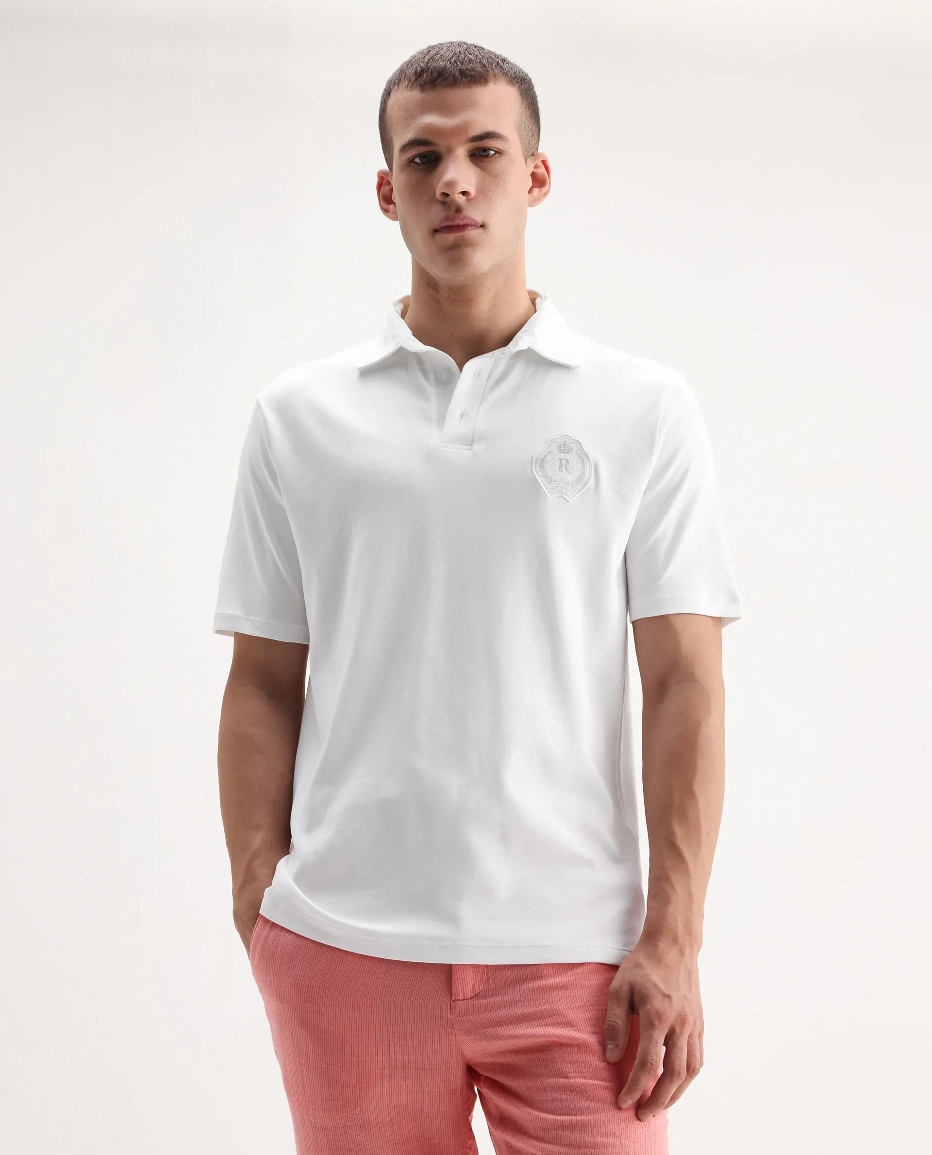 Rare Rabbit Men's Ritz White Cotton Plain Regular Fit Half Sleeve Polo - Image 4