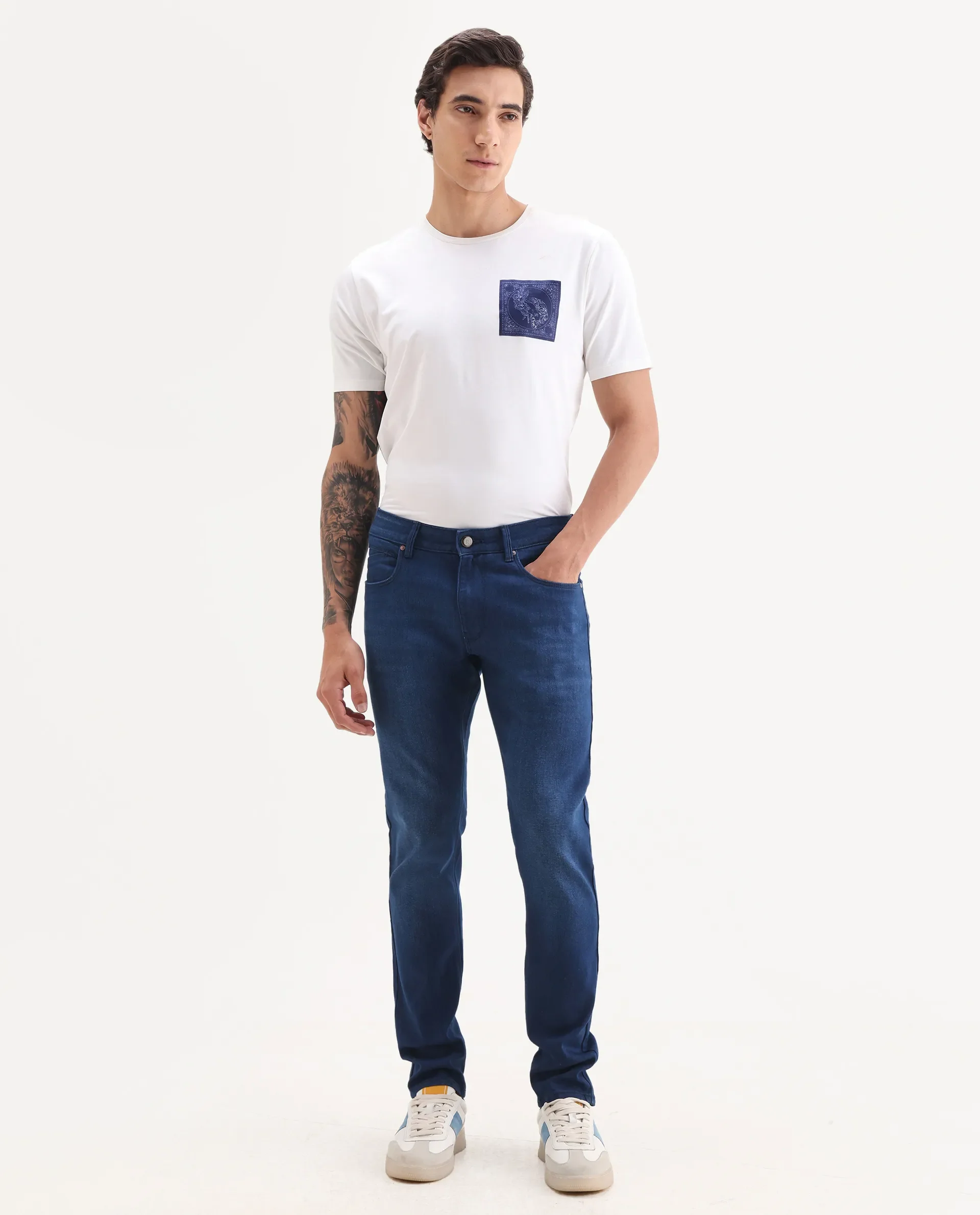 Rare Rabbit Men's River Blue Cotton Blend Fabric Hawk Slim Fit Plain Jeans - Image 4