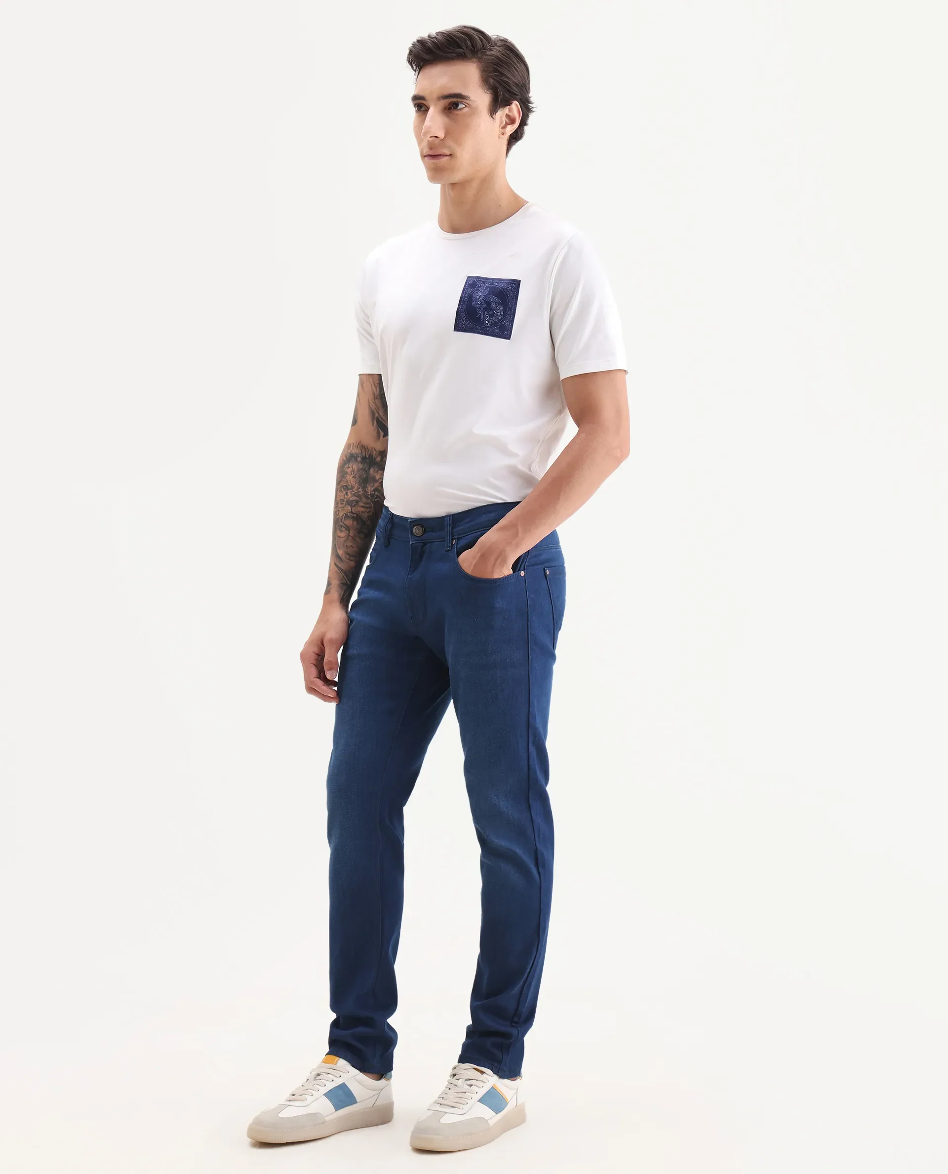 Rare Rabbit Men's River Blue Cotton Blend Fabric Hawk Slim Fit Plain Jeans - Image 5