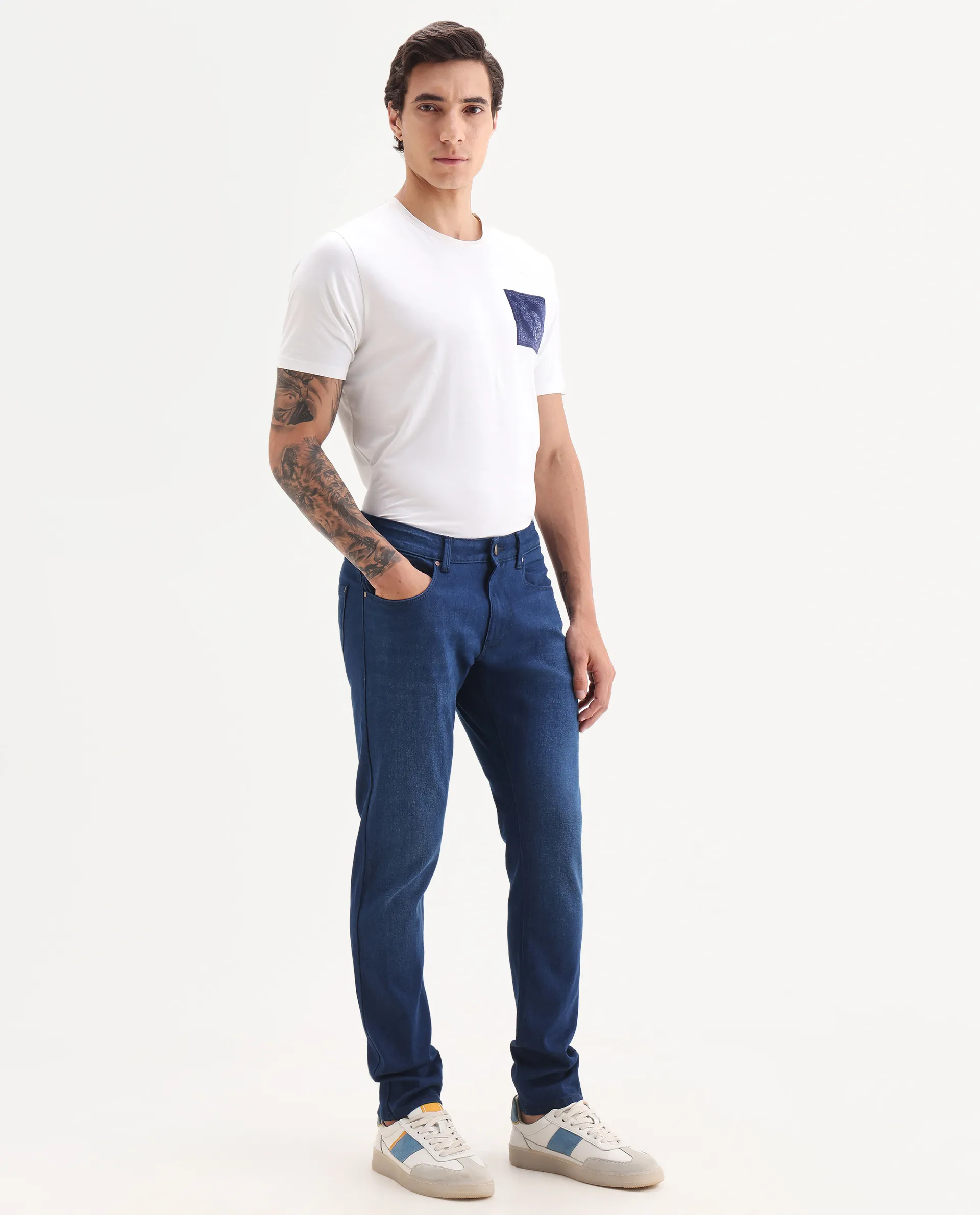Rare Rabbit Men's River Blue Cotton Blend Fabric Hawk Slim Fit Plain Jeans - Image 6